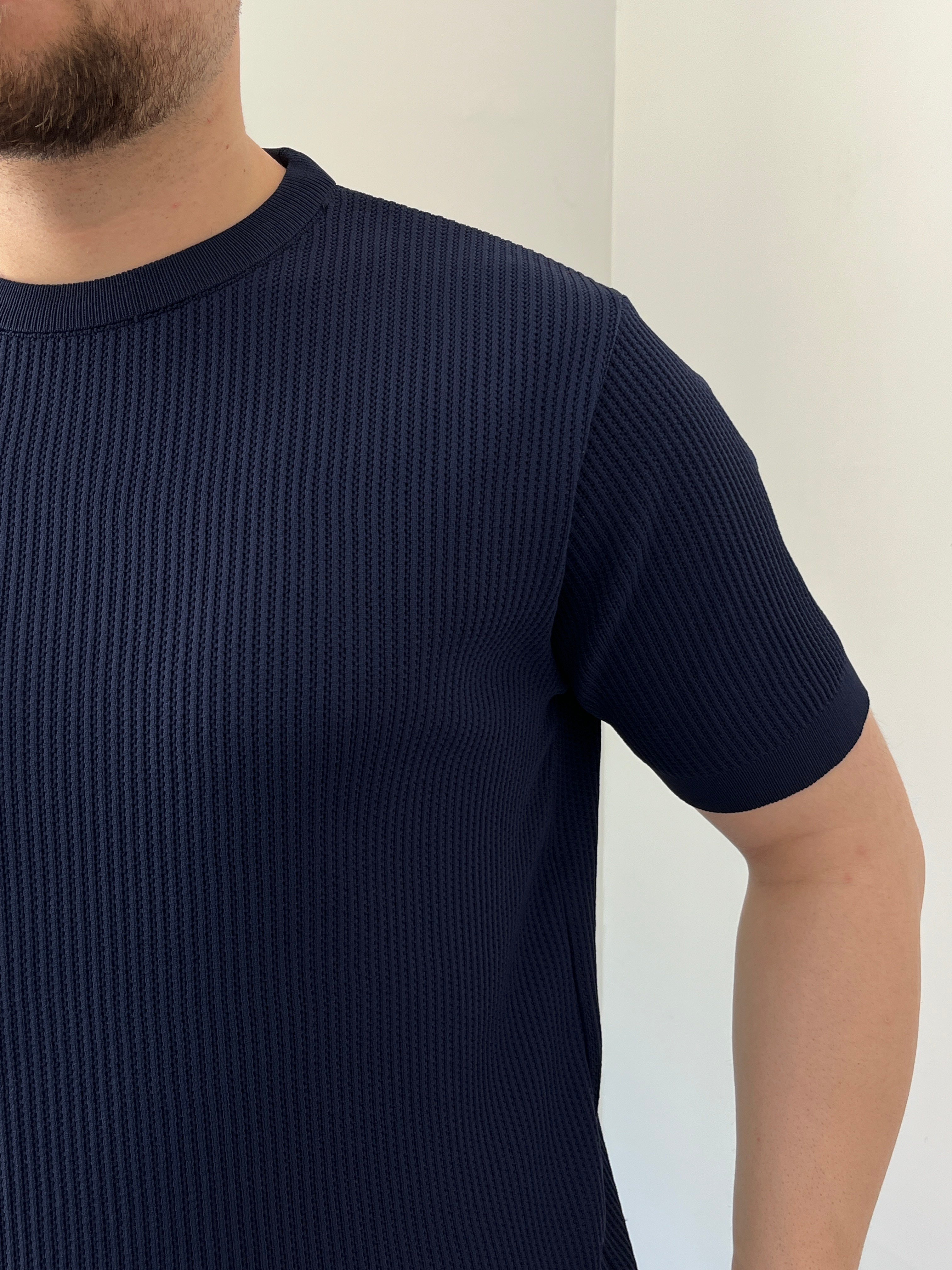 Bisiklet Yaka Örgü .Desen Triko Tshirt Lacivert