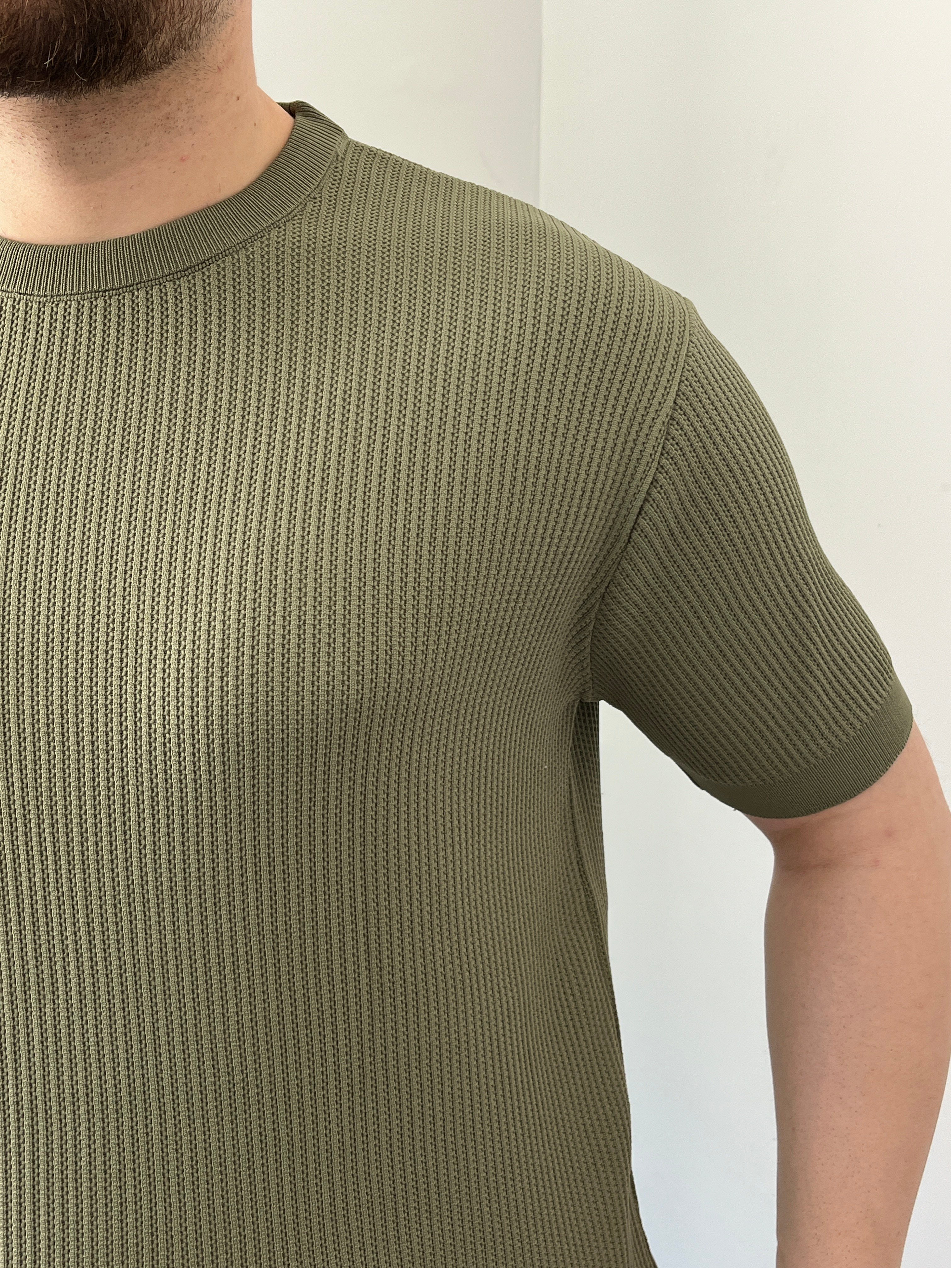 Bisiklet Yaka Örgü .Desen Triko Tshirt Haki Yeşil