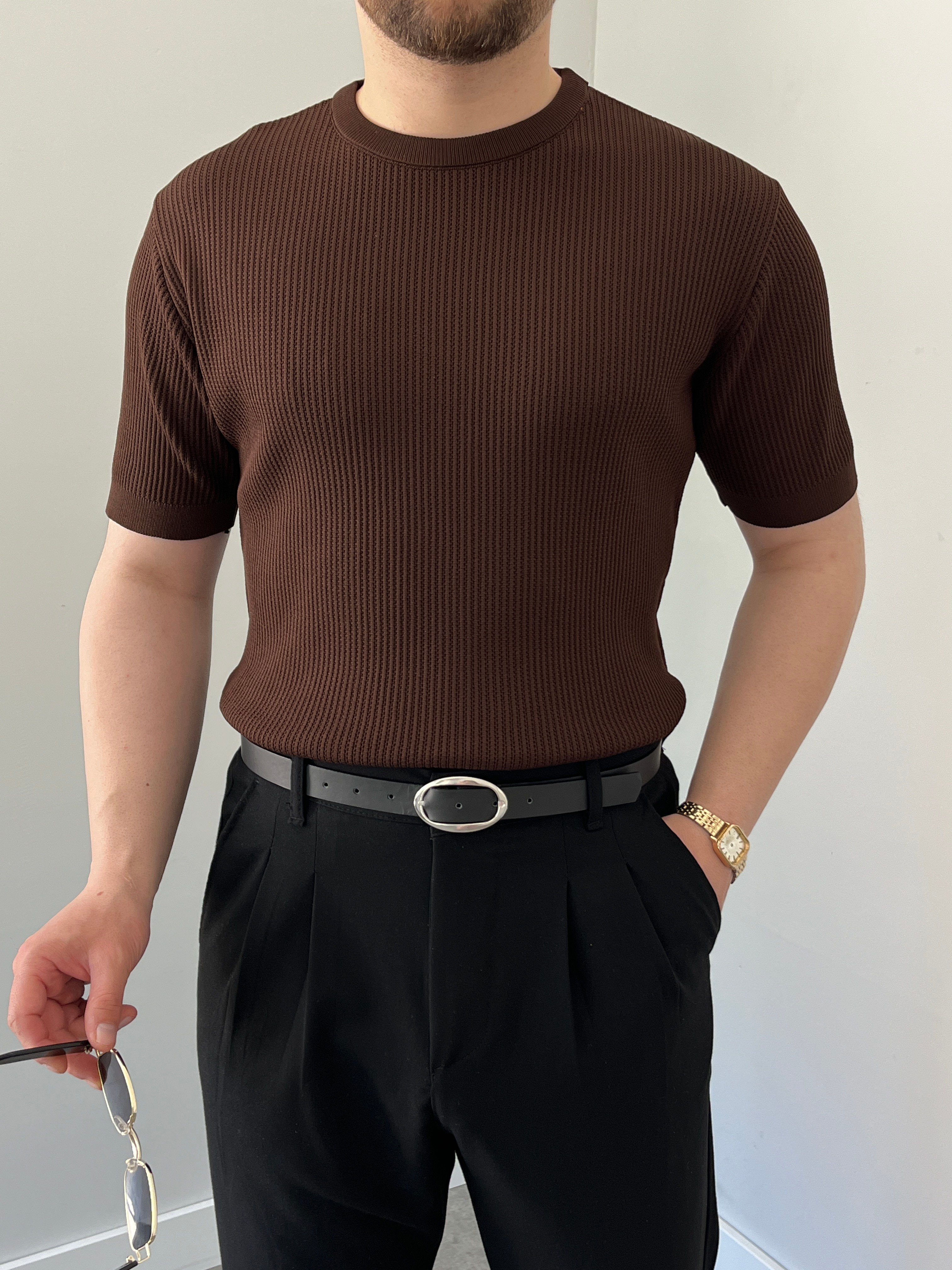 Bisiklet Yaka Örgü .Desen Triko Tshirt Acı Kahve