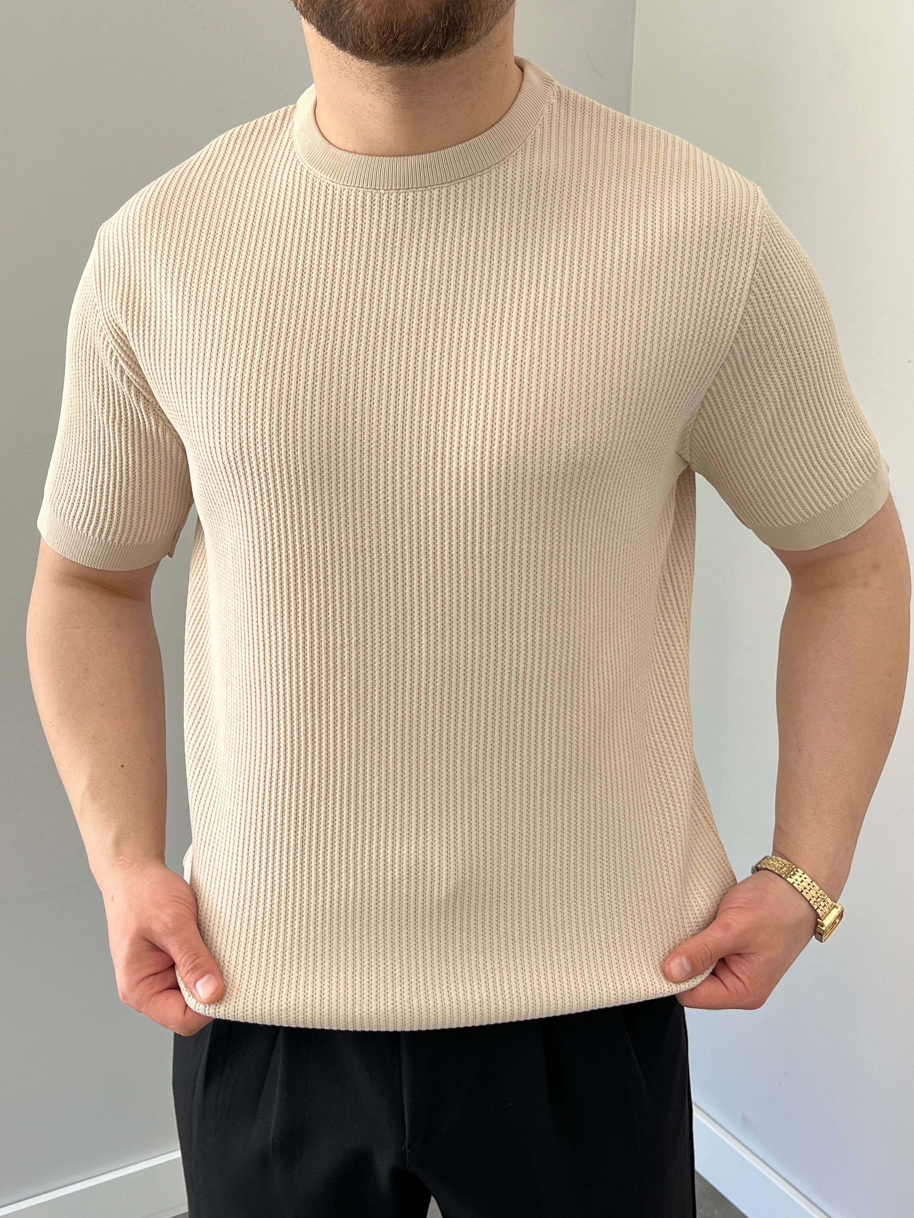 Bisiklet Yaka Örgü .Desen Triko Tshirt Krem