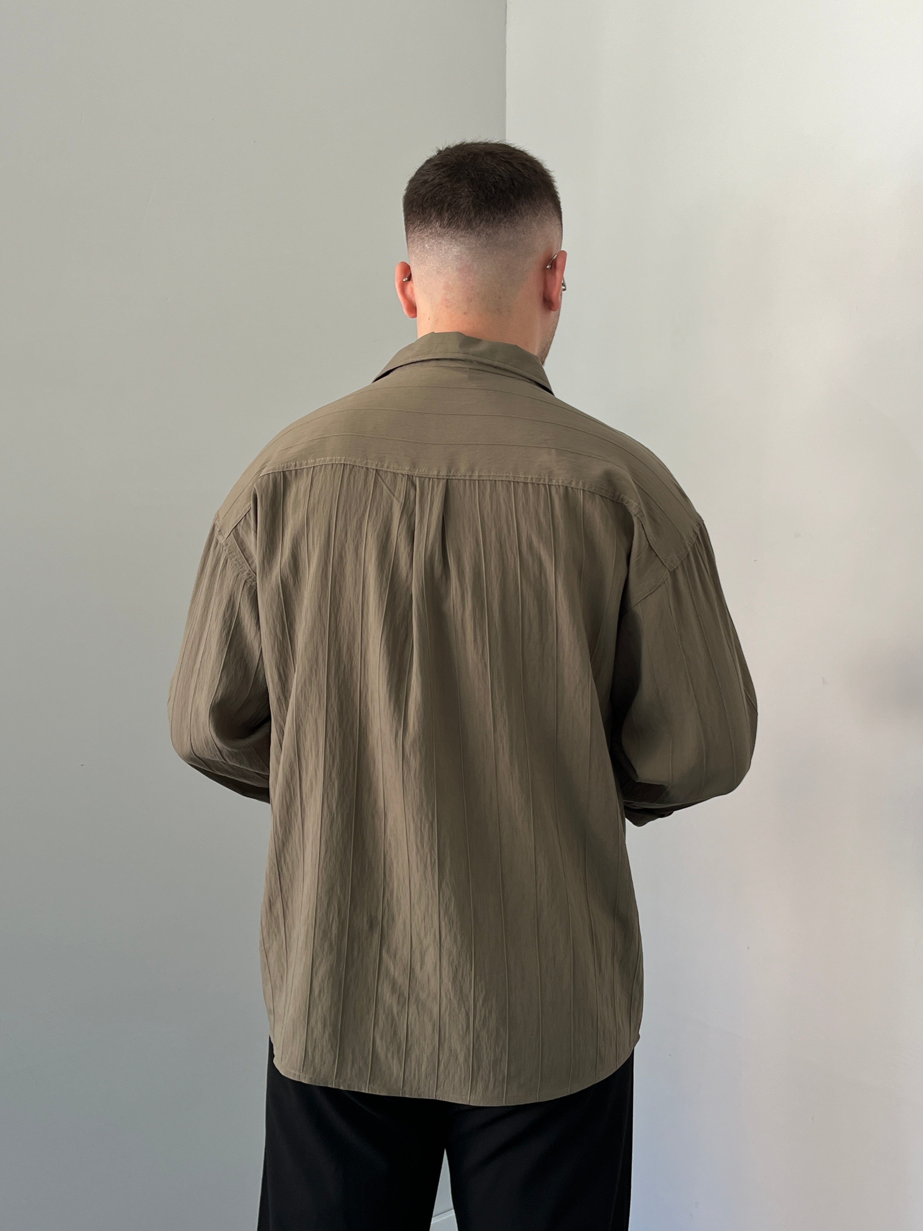 Çizgili Oversize Gömlek Haki Yeşil