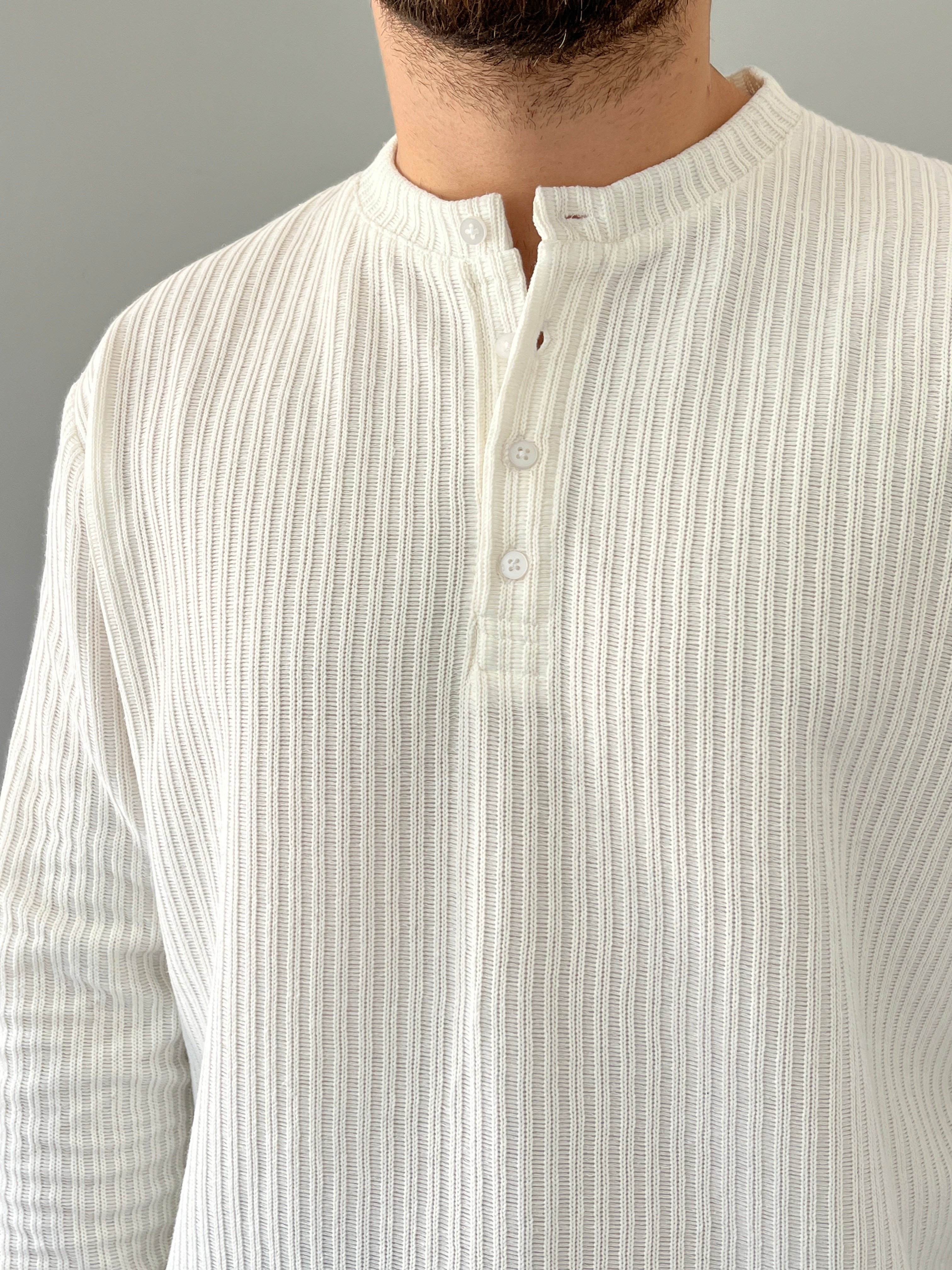 Düğmeli Fitilli İnce Sweatshirt Beyaz