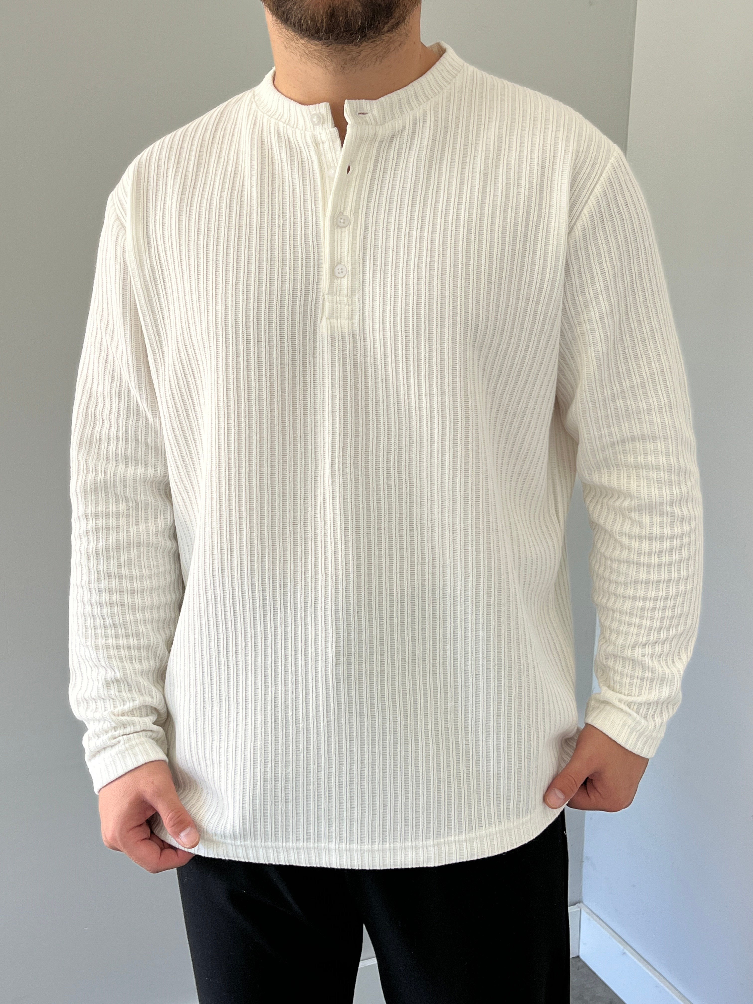 Düğmeli Fitilli İnce Sweatshirt Beyaz