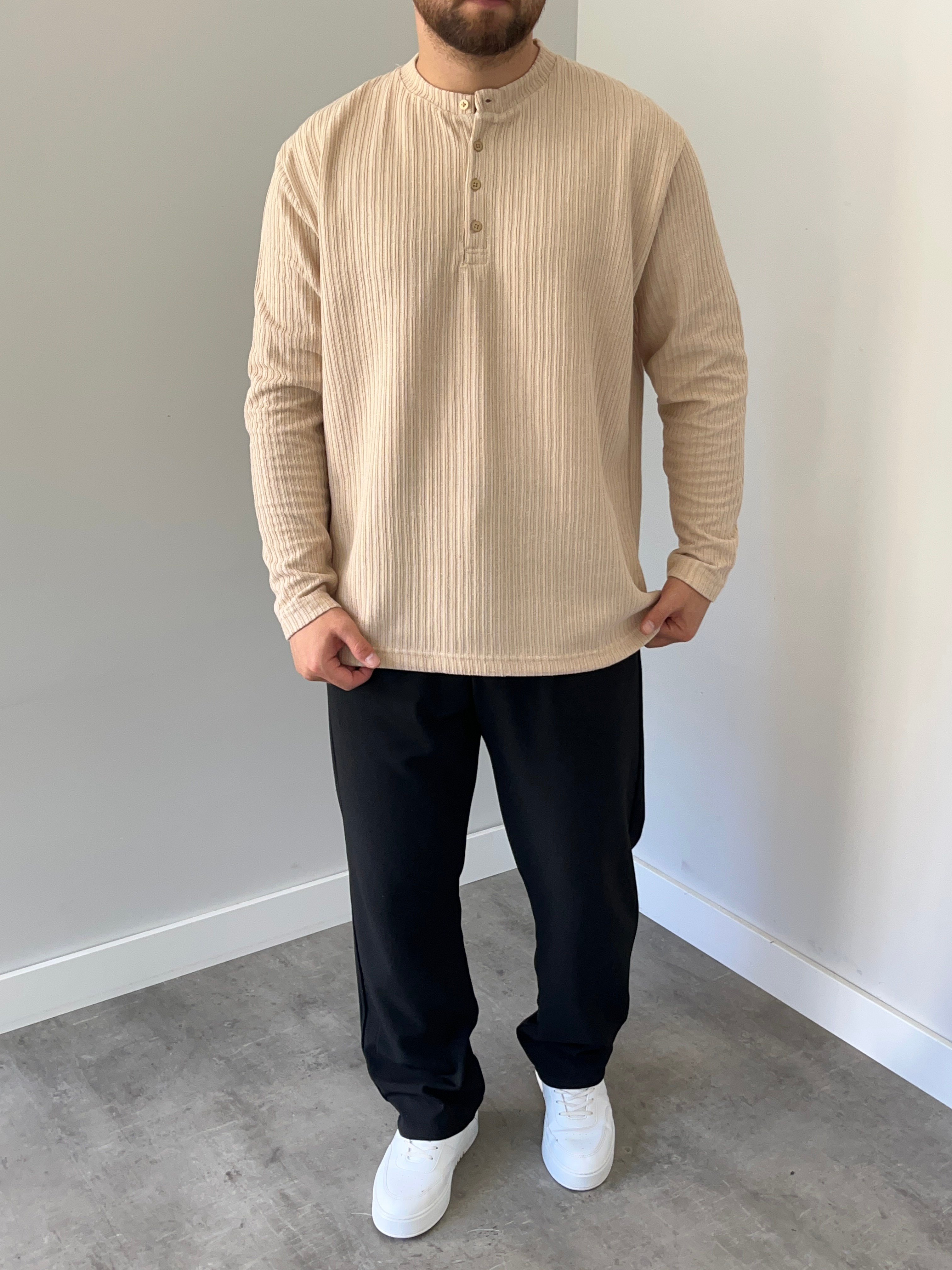 Düğmeli Fitilli İnce Sweatshirt Krem