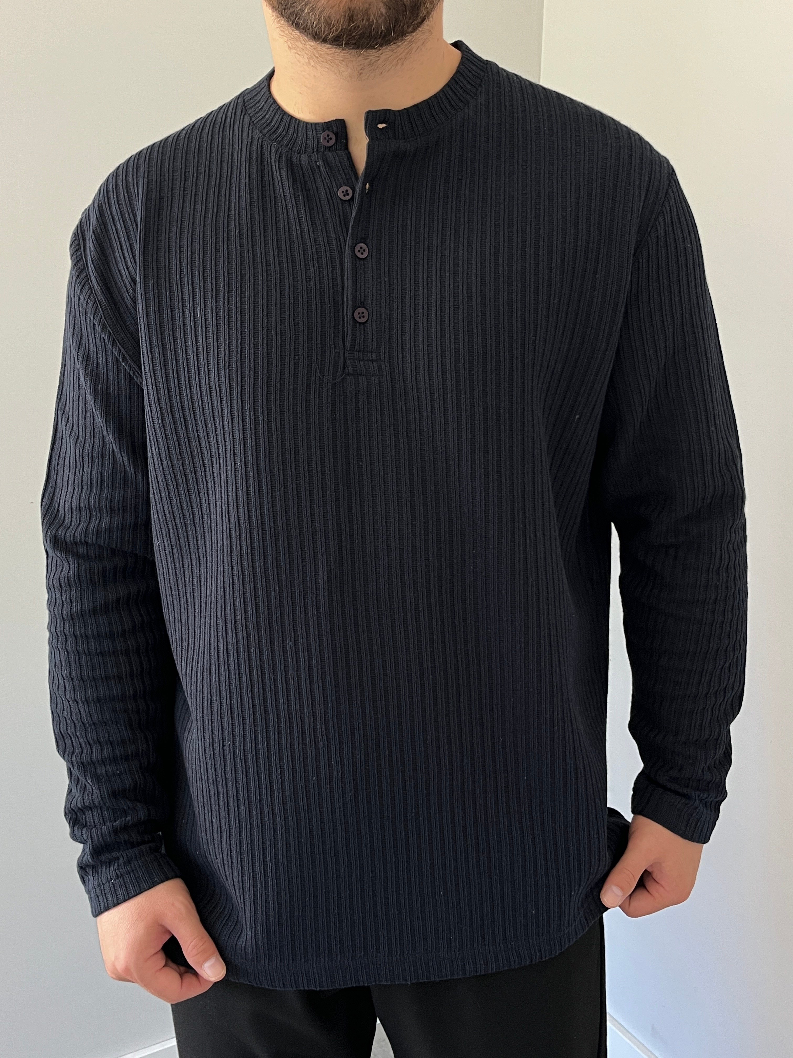 Düğmeli Fitilli İnce Sweatshirt Lacivert