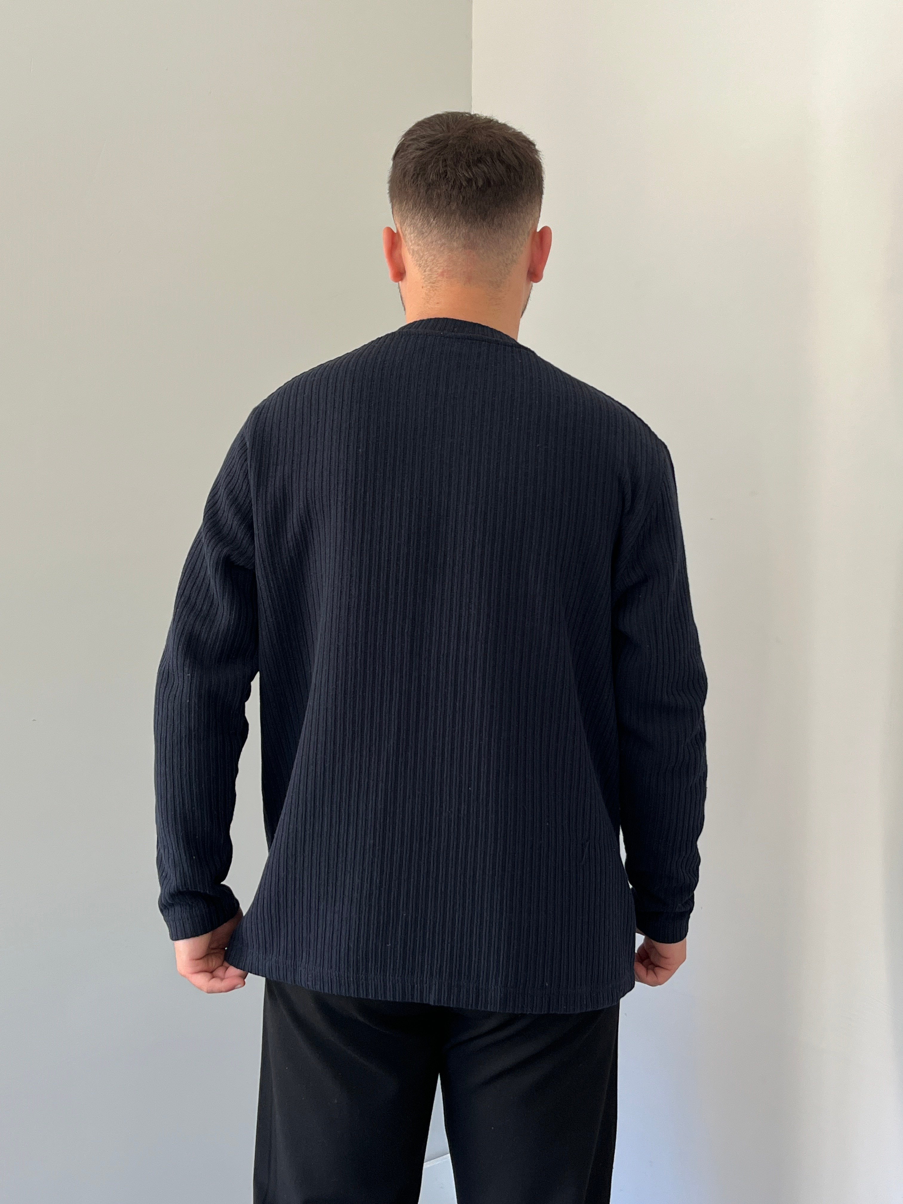 Düğmeli Fitilli İnce Sweatshirt Lacivert