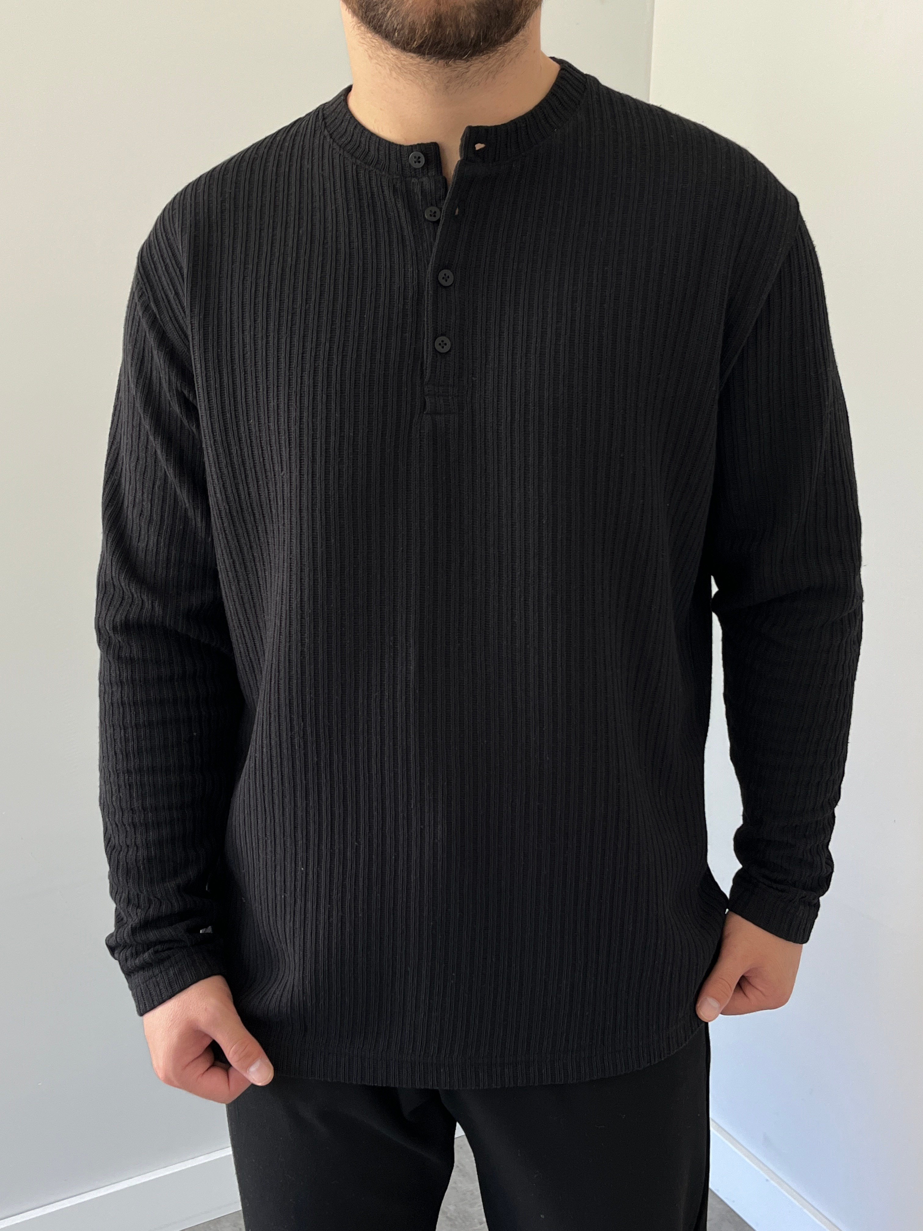 Düğmeli Fitilli İnce Sweatshirt Siyah