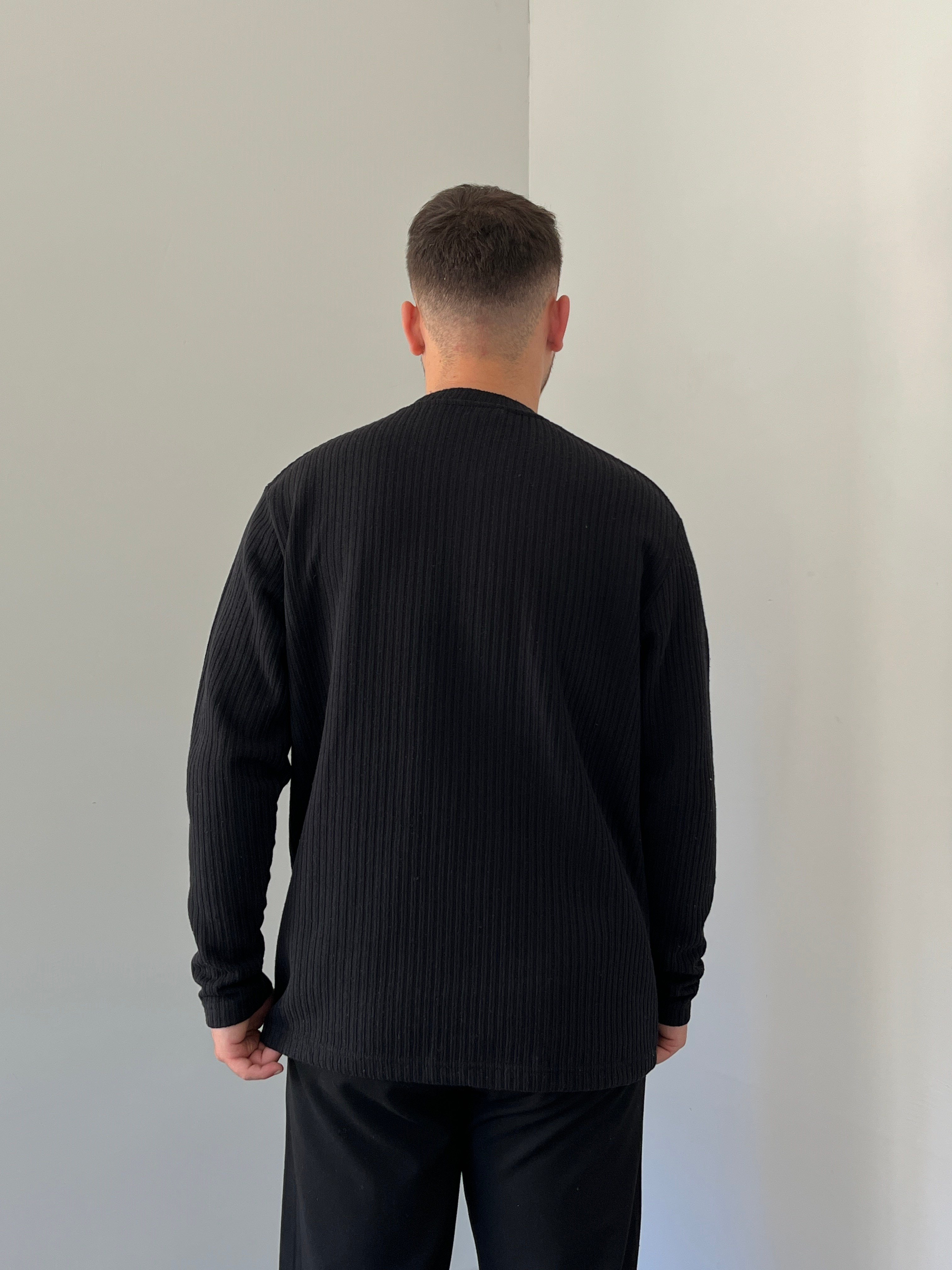 Düğmeli Fitilli İnce Sweatshirt Siyah