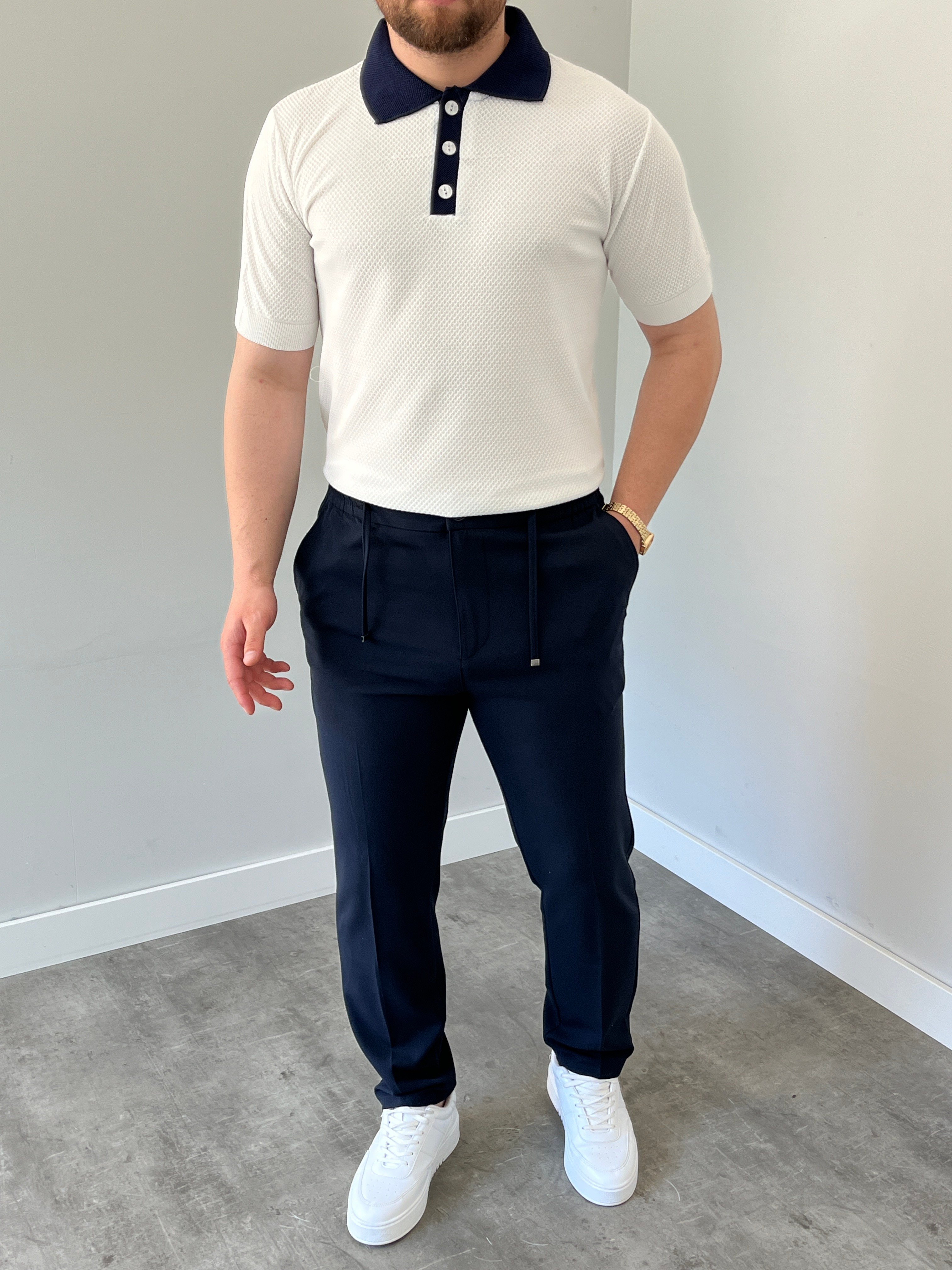 Düğmeli Polo Yaka Triko Tshirt Beyaz