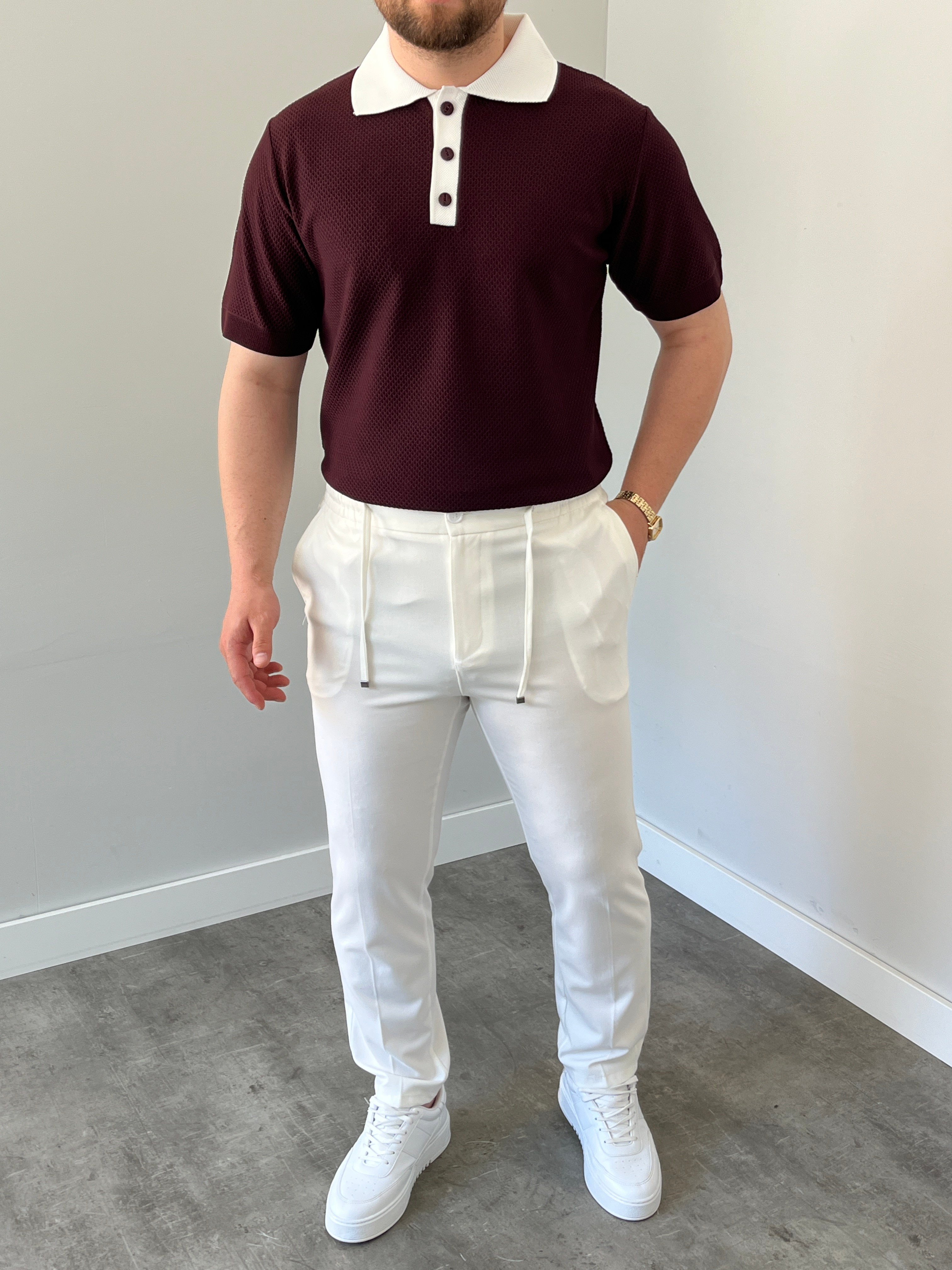 Düğmeli Polo Yaka Triko Tshirt Bordo