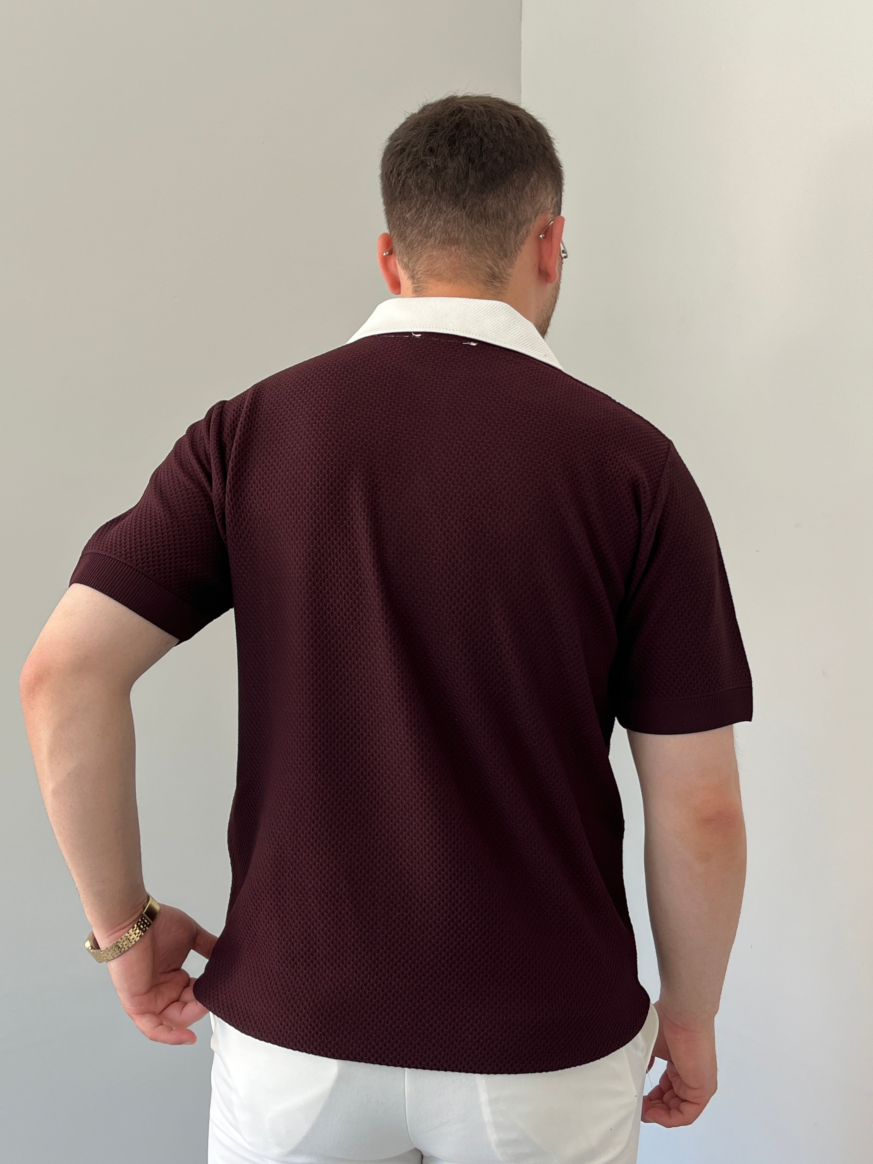 Düğmeli Polo Yaka Triko Tshirt Bordo