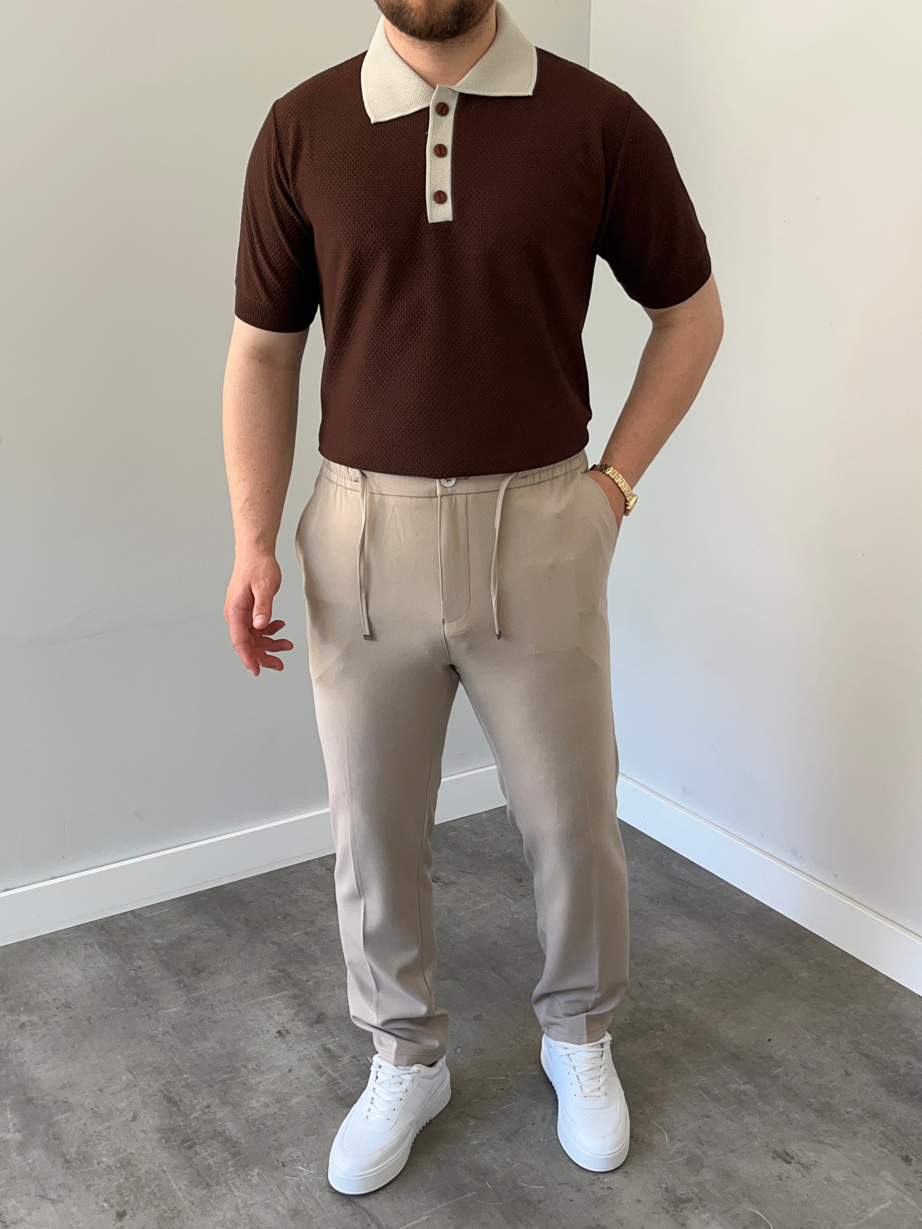 Düğmeli Polo Yaka Triko Tshirt Kahve