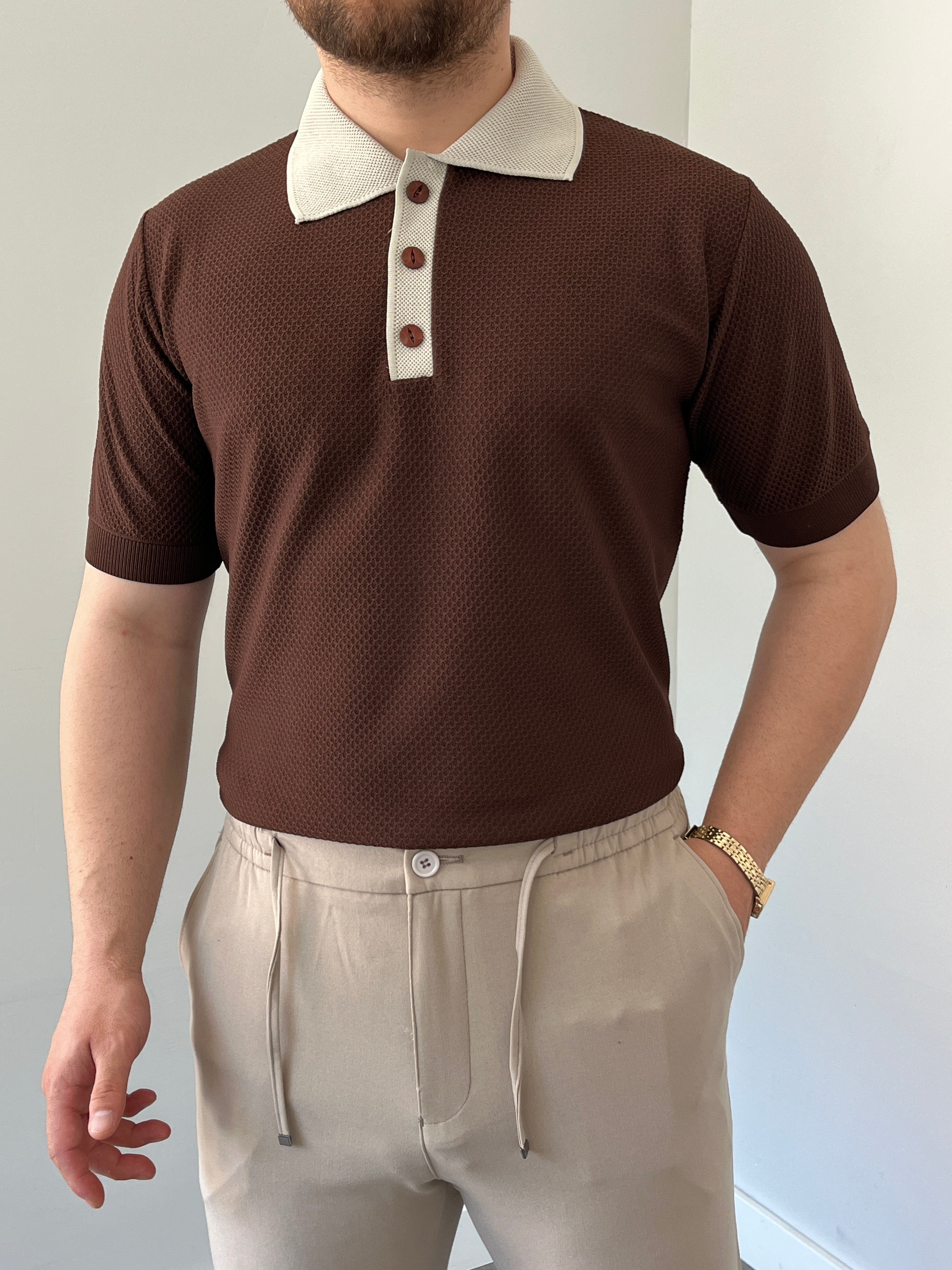 Düğmeli Polo Yaka Triko Tshirt Kahve
