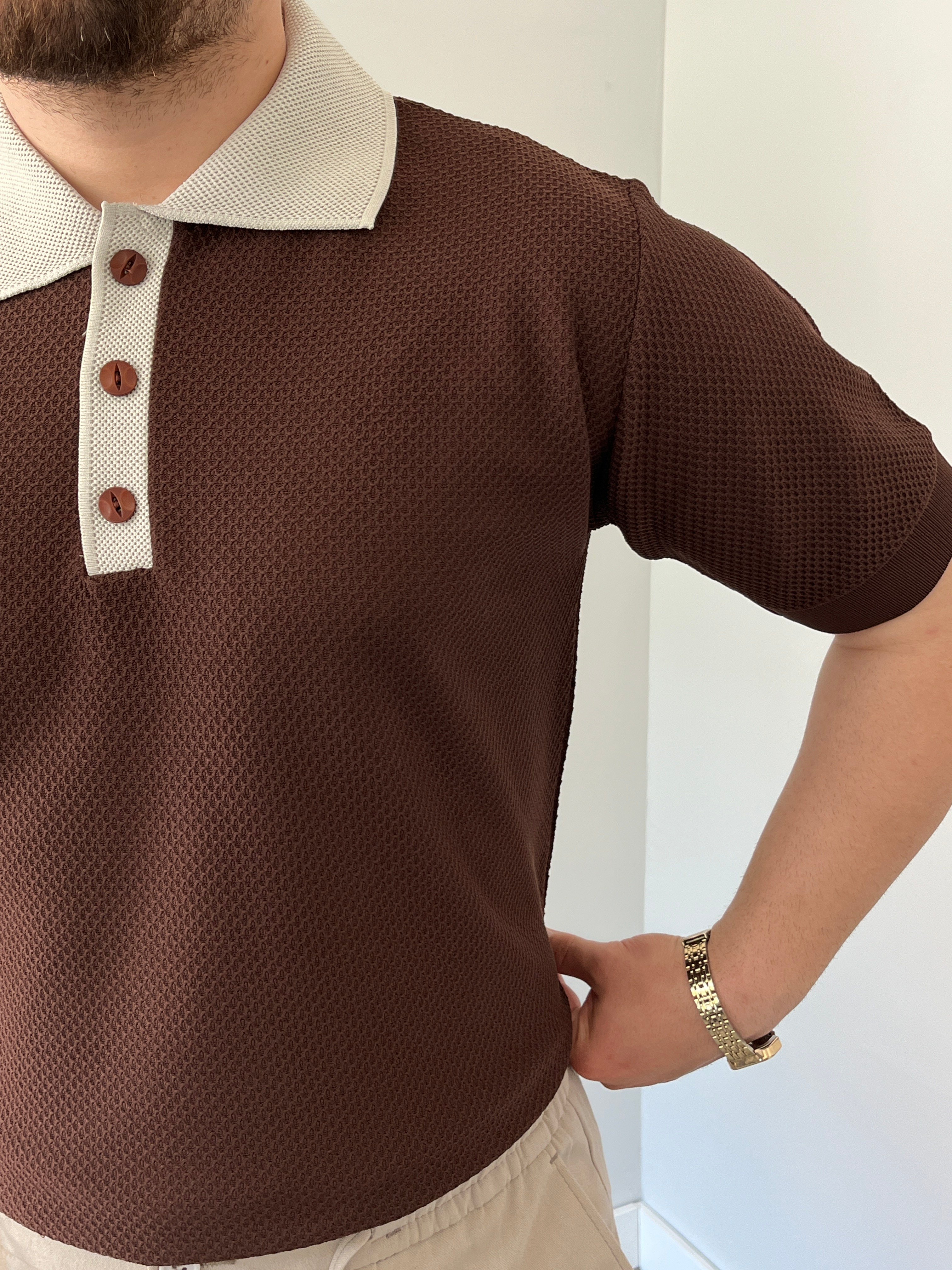 Düğmeli Polo Yaka Triko Tshirt Kahve