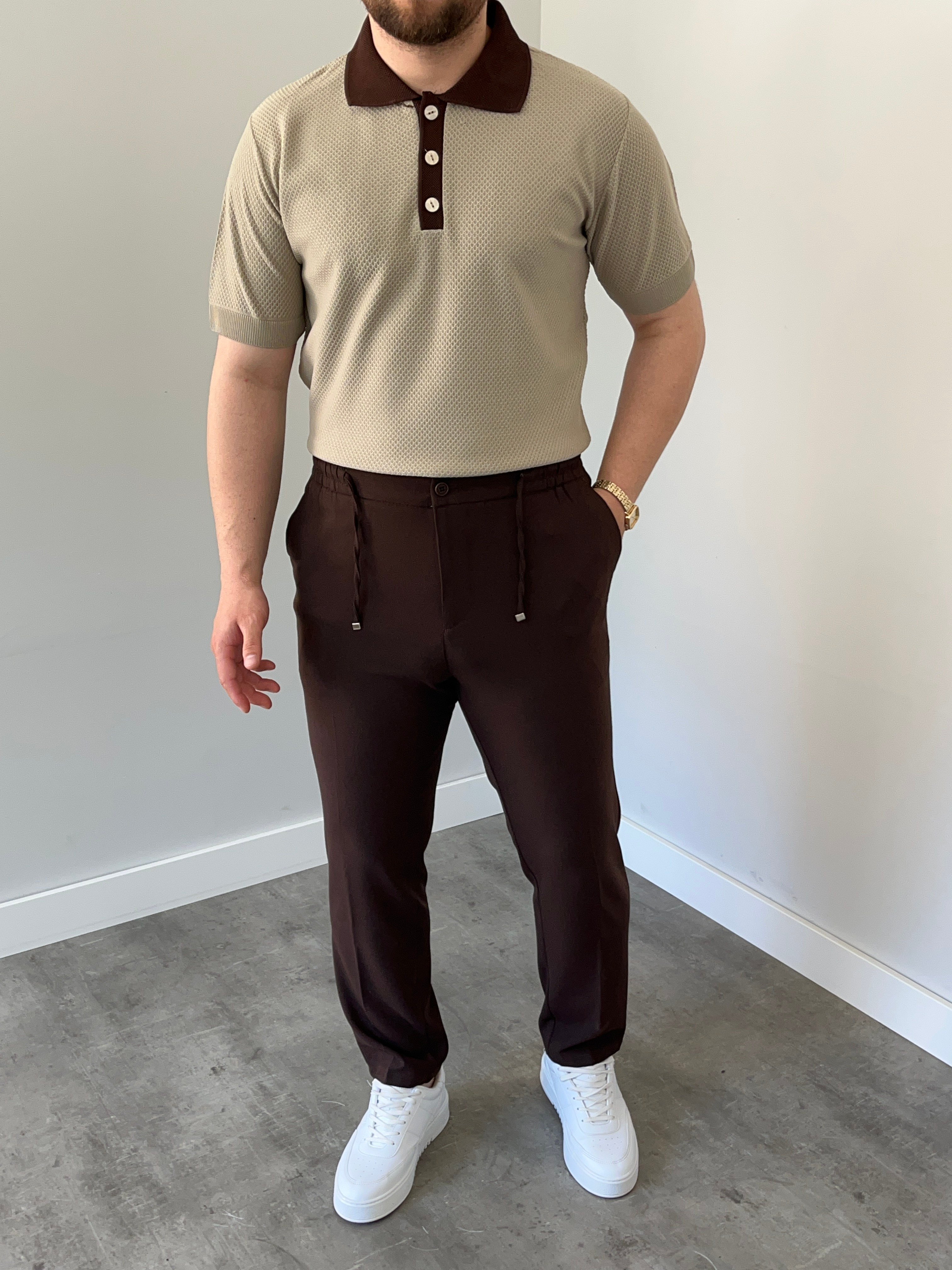 Düğmeli Polo Yaka Triko Tshirt Krem