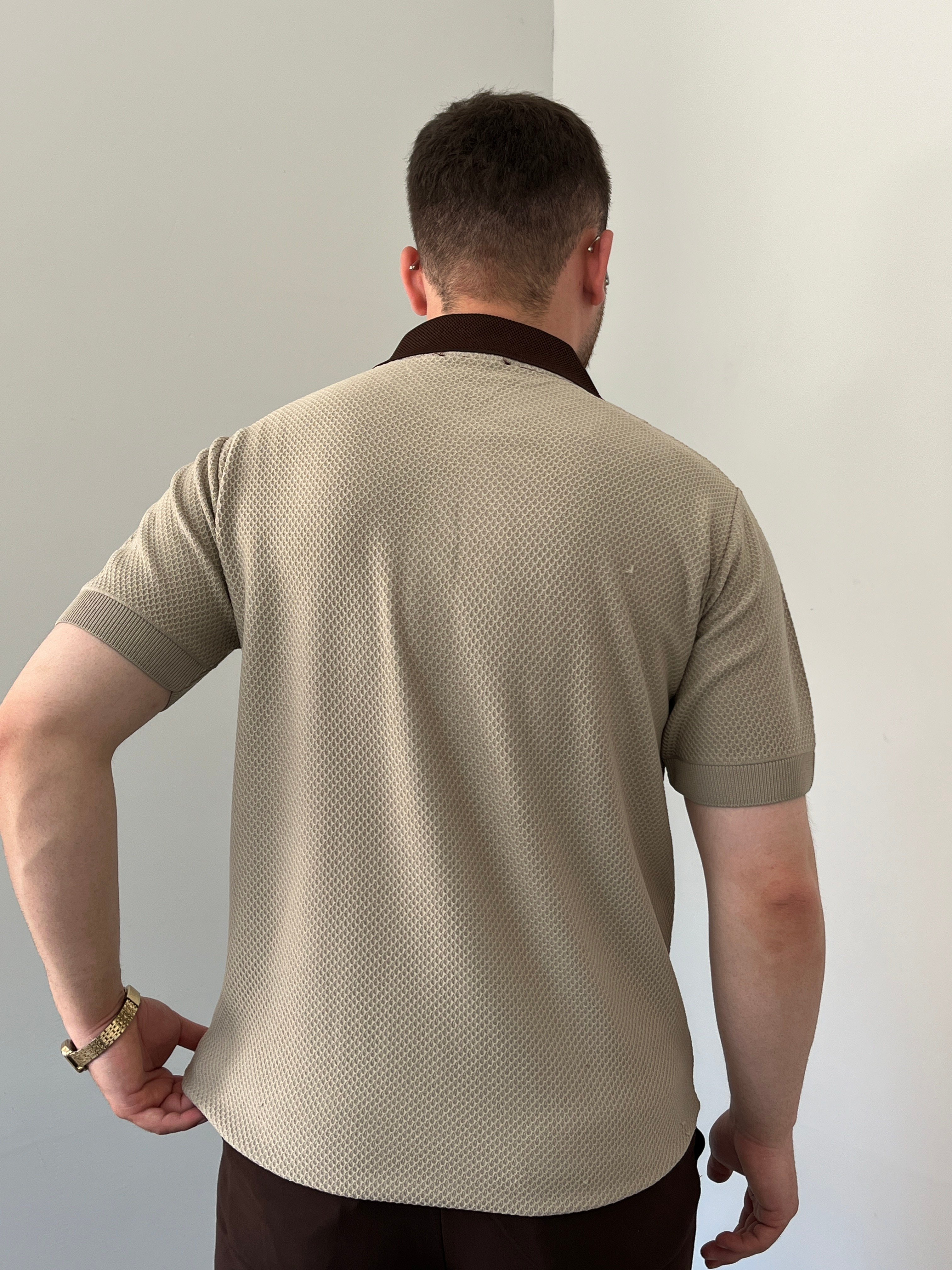 Düğmeli Polo Yaka Triko Tshirt Krem