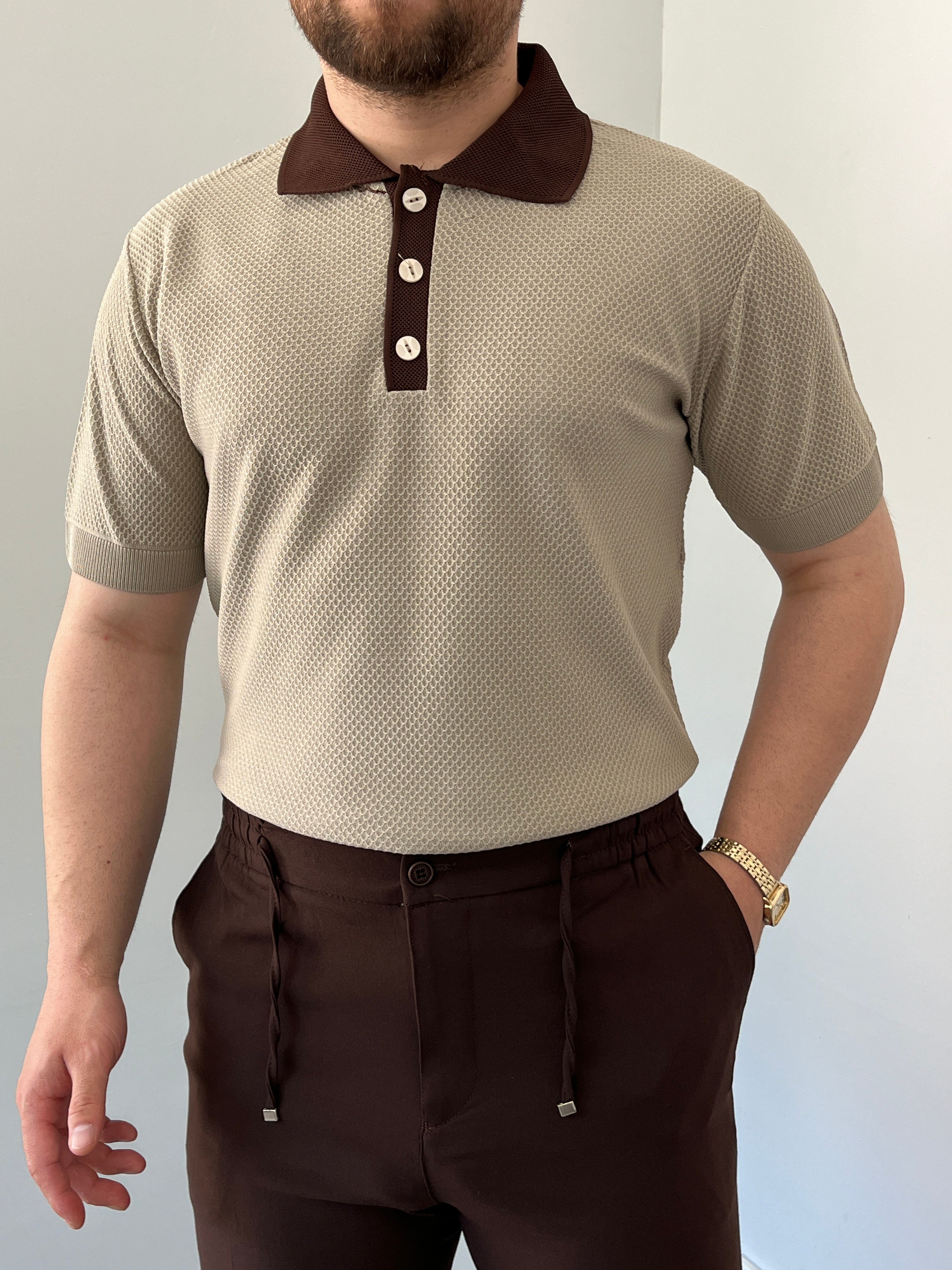 Düğmeli Polo Yaka Triko Tshirt Krem