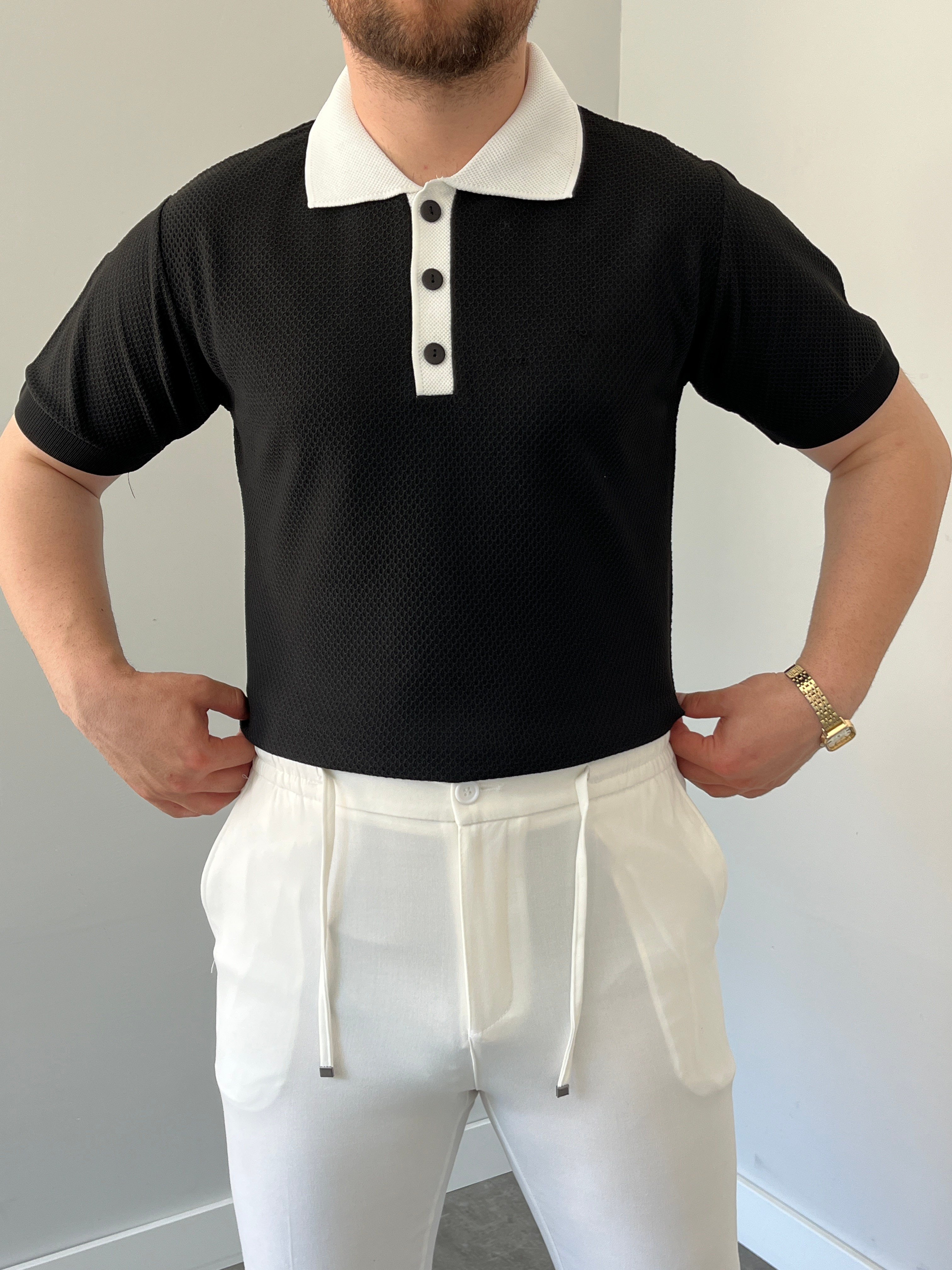 Düğmeli Polo Yaka Triko Tshirt Siyah