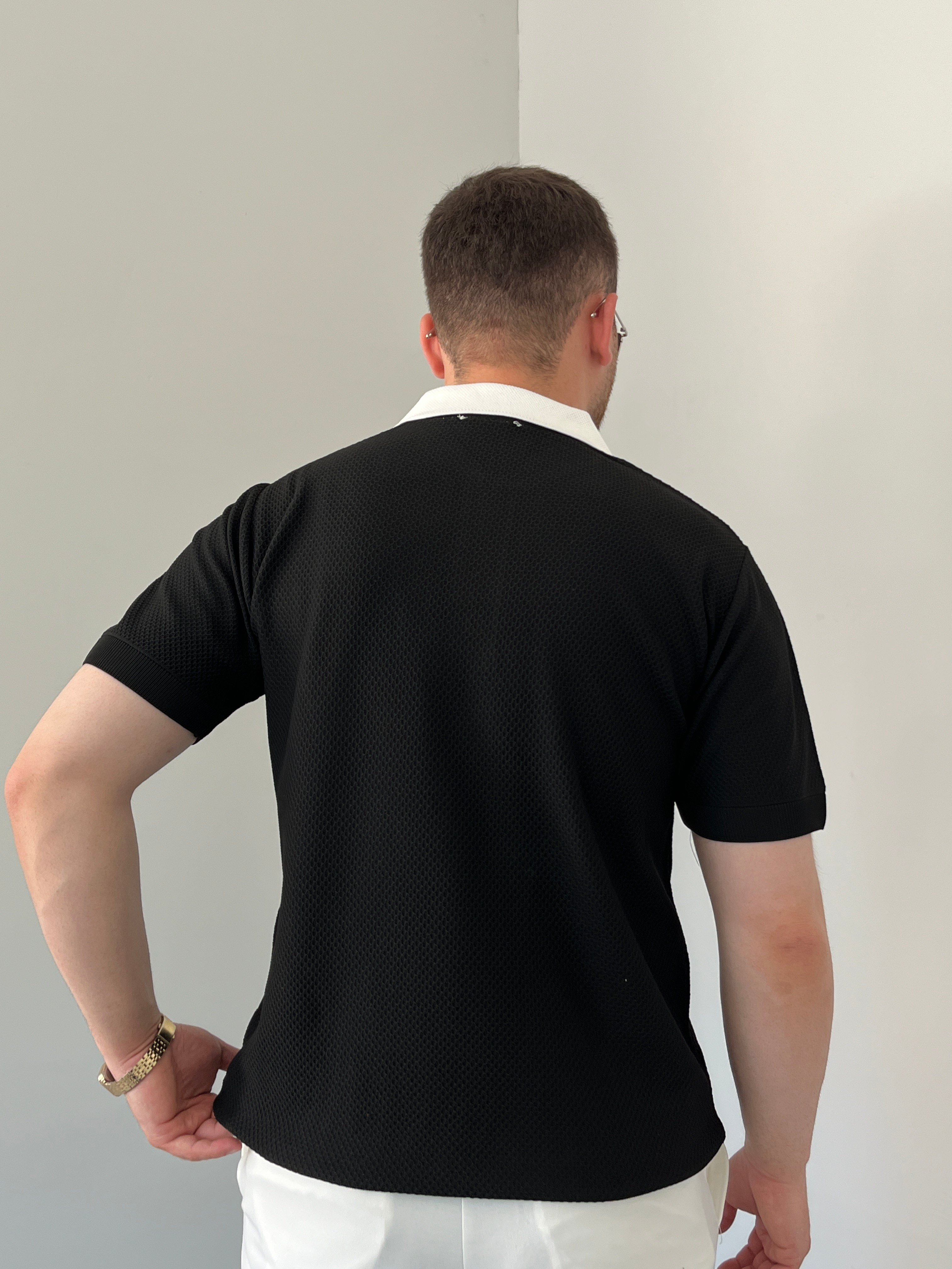 Düğmeli Polo Yaka Triko Tshirt Siyah