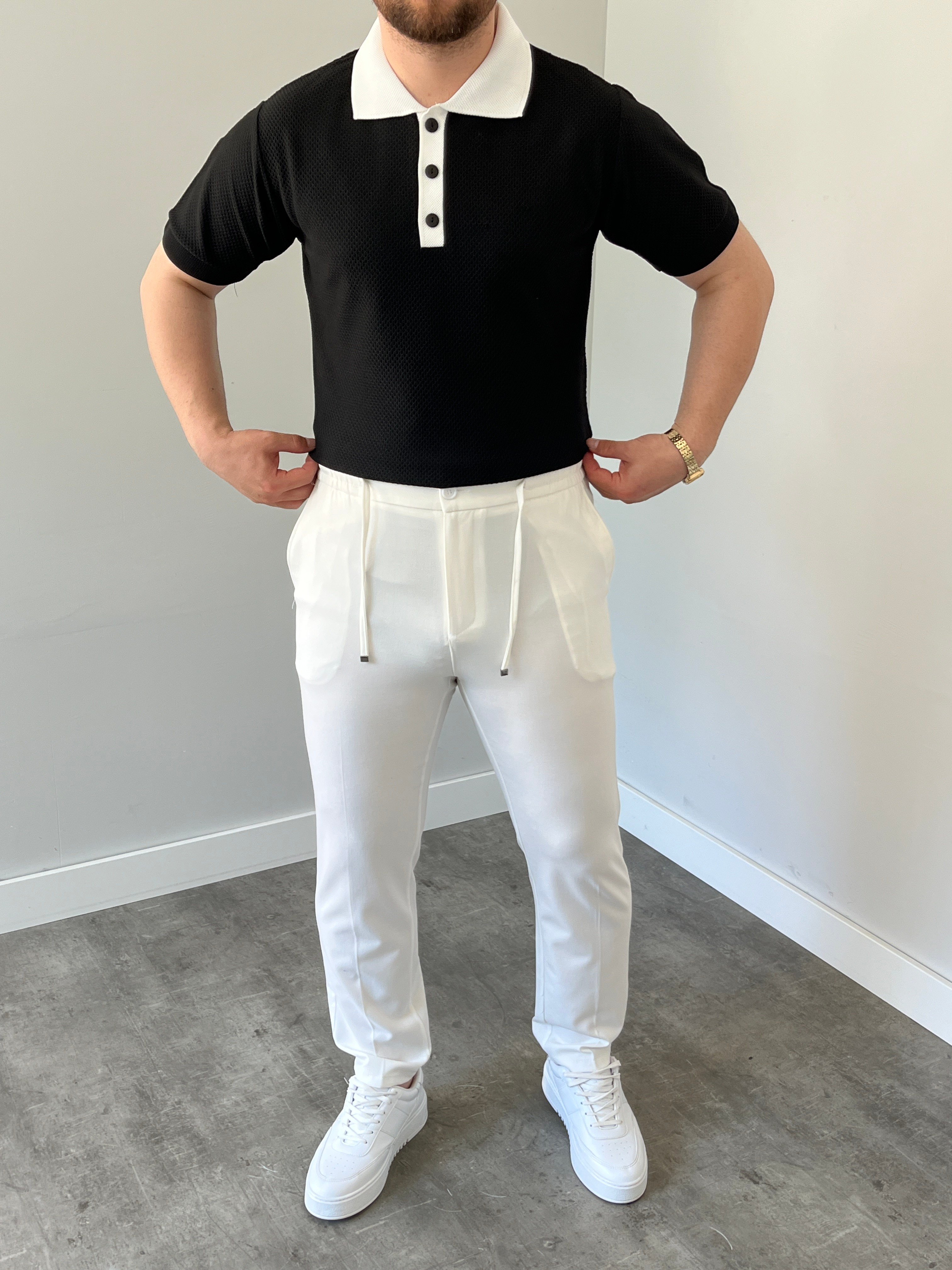 Düğmeli Polo Yaka Triko Tshirt Siyah