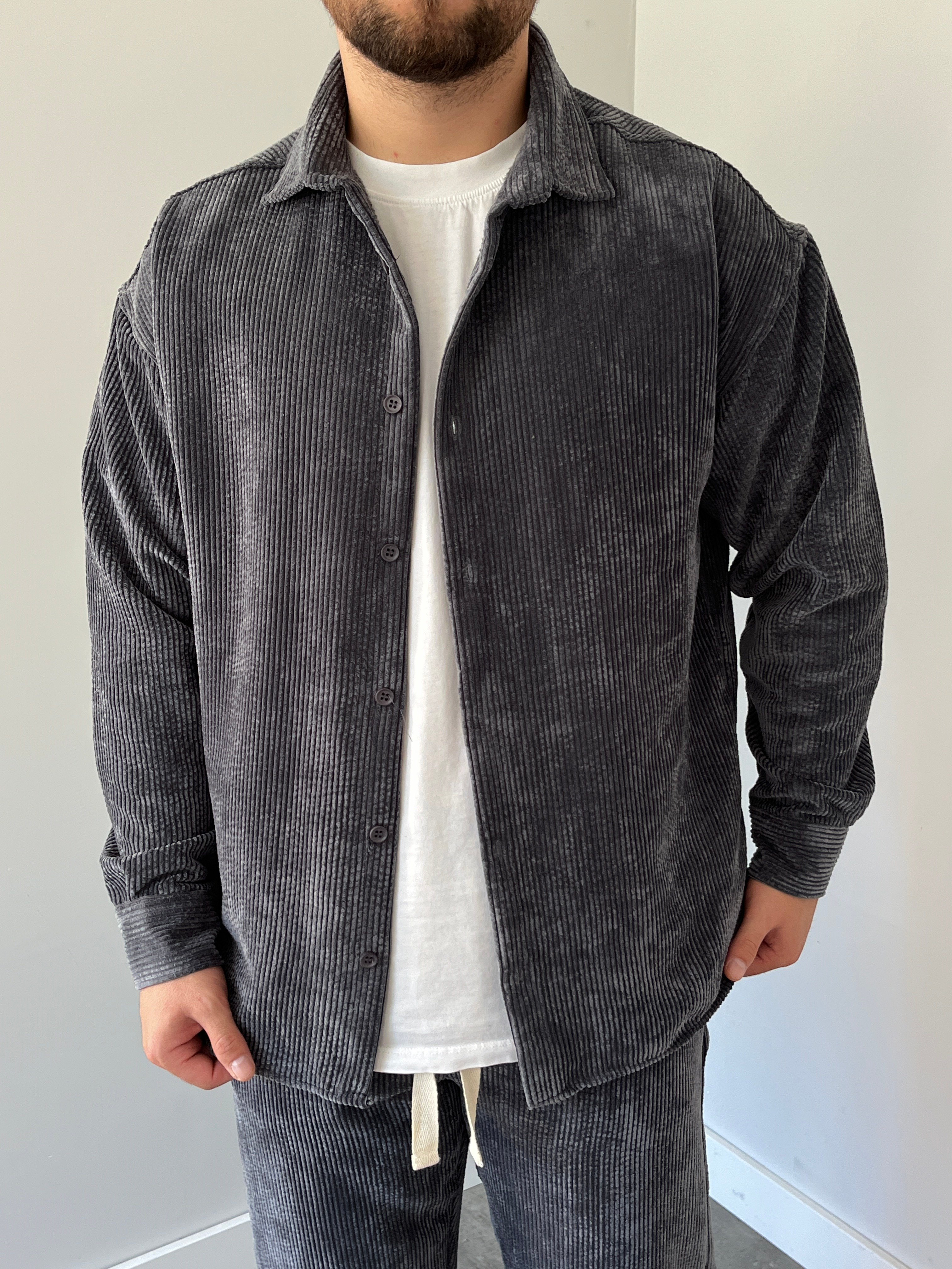 Fitilli Kadife Kumaş Alt Üst Takım Gömlek Pantolon Füme