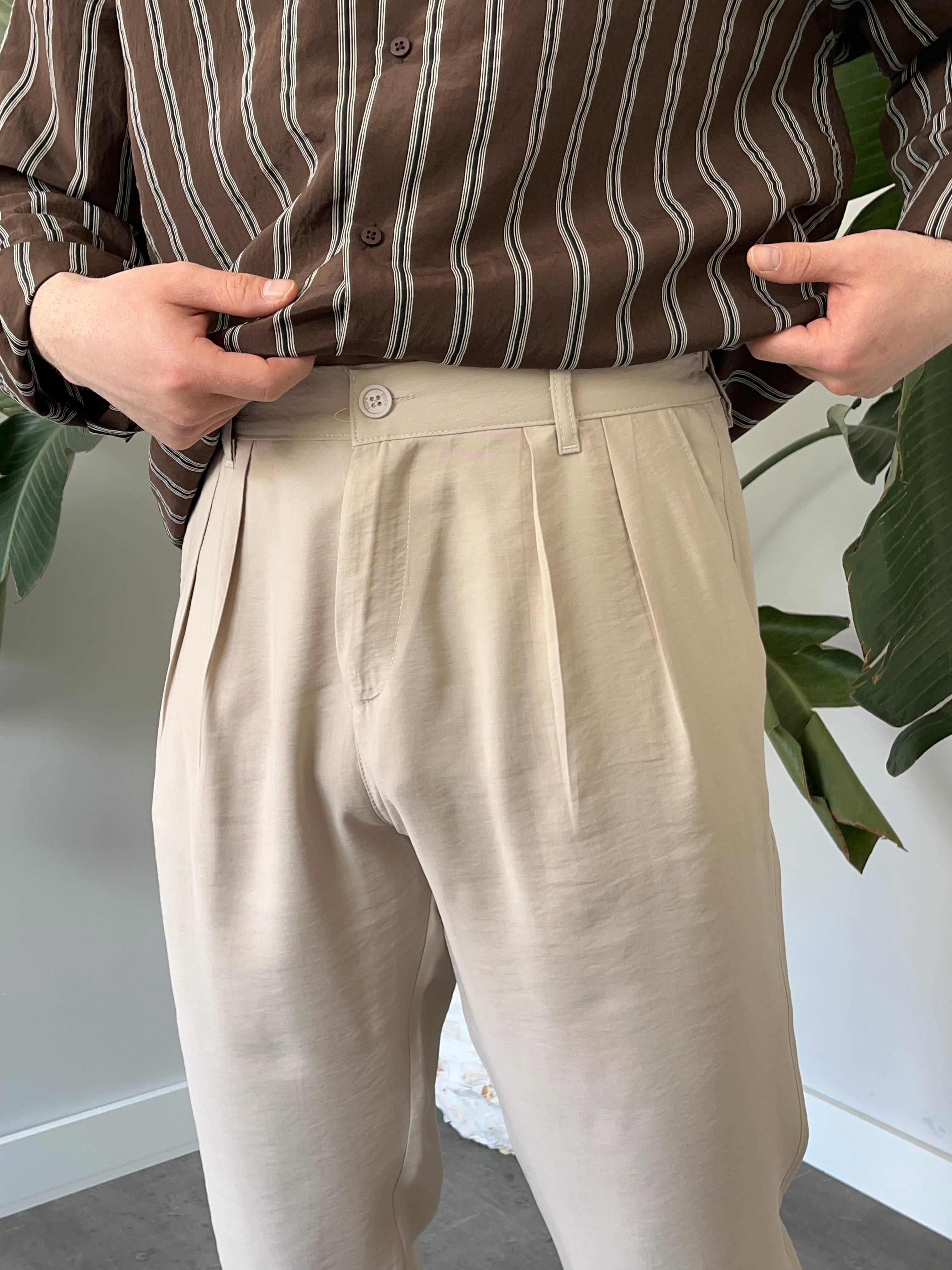 Keps Tensel Kumaş Boyfriend Pantolon Krem