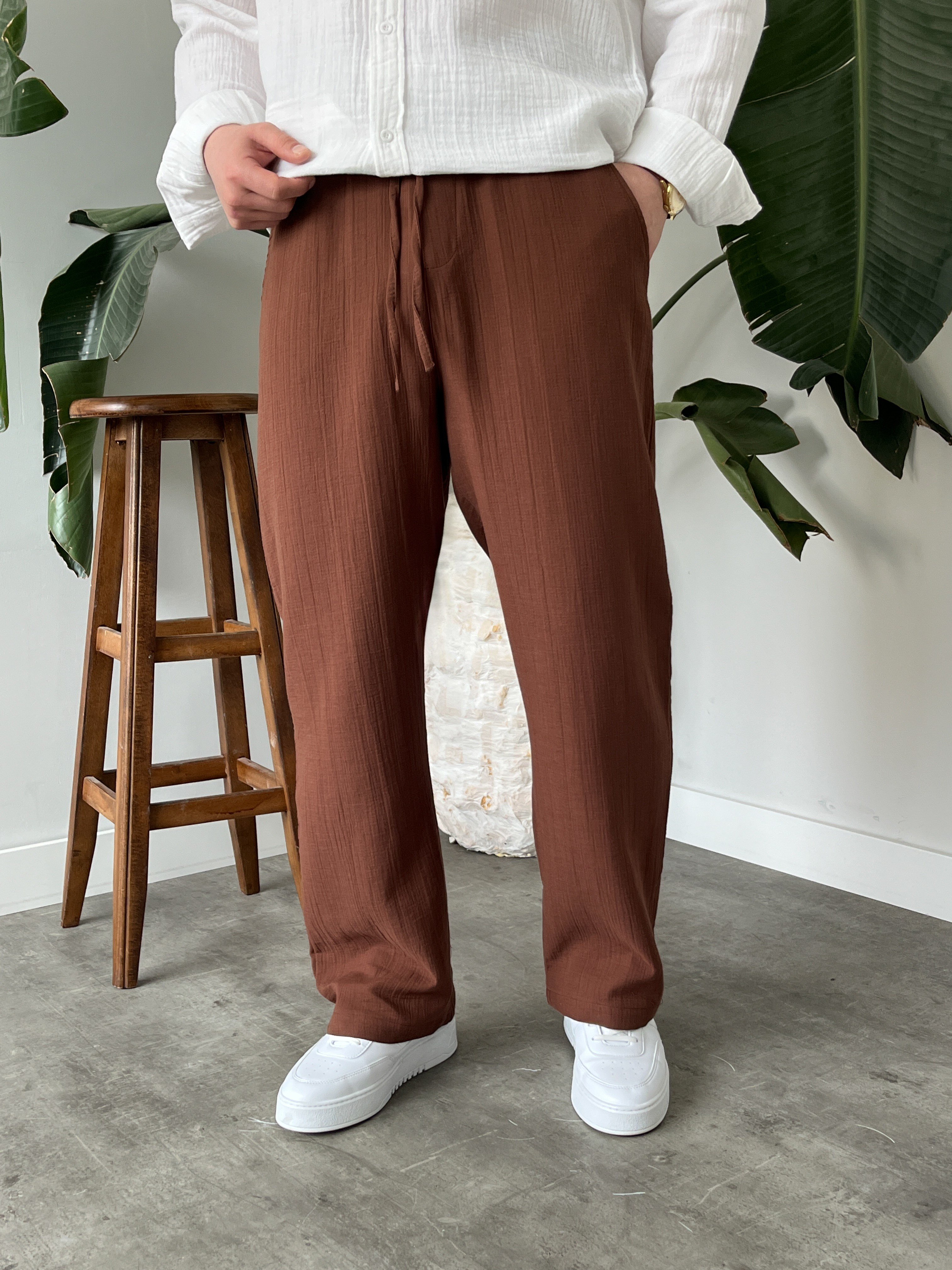 Müslim Kumaş Baggy Pantolon Kahverengi