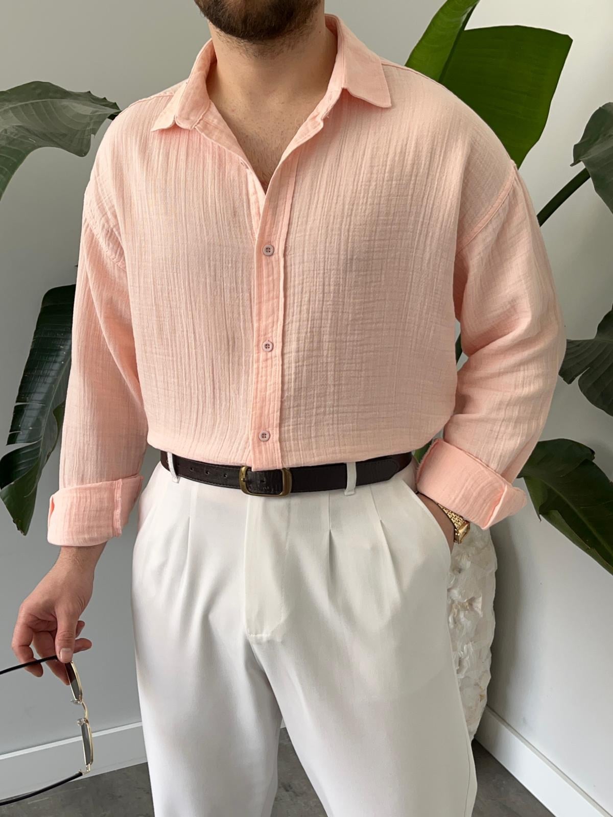 Müslim Kumaş Keten Pembe Gömlek 
