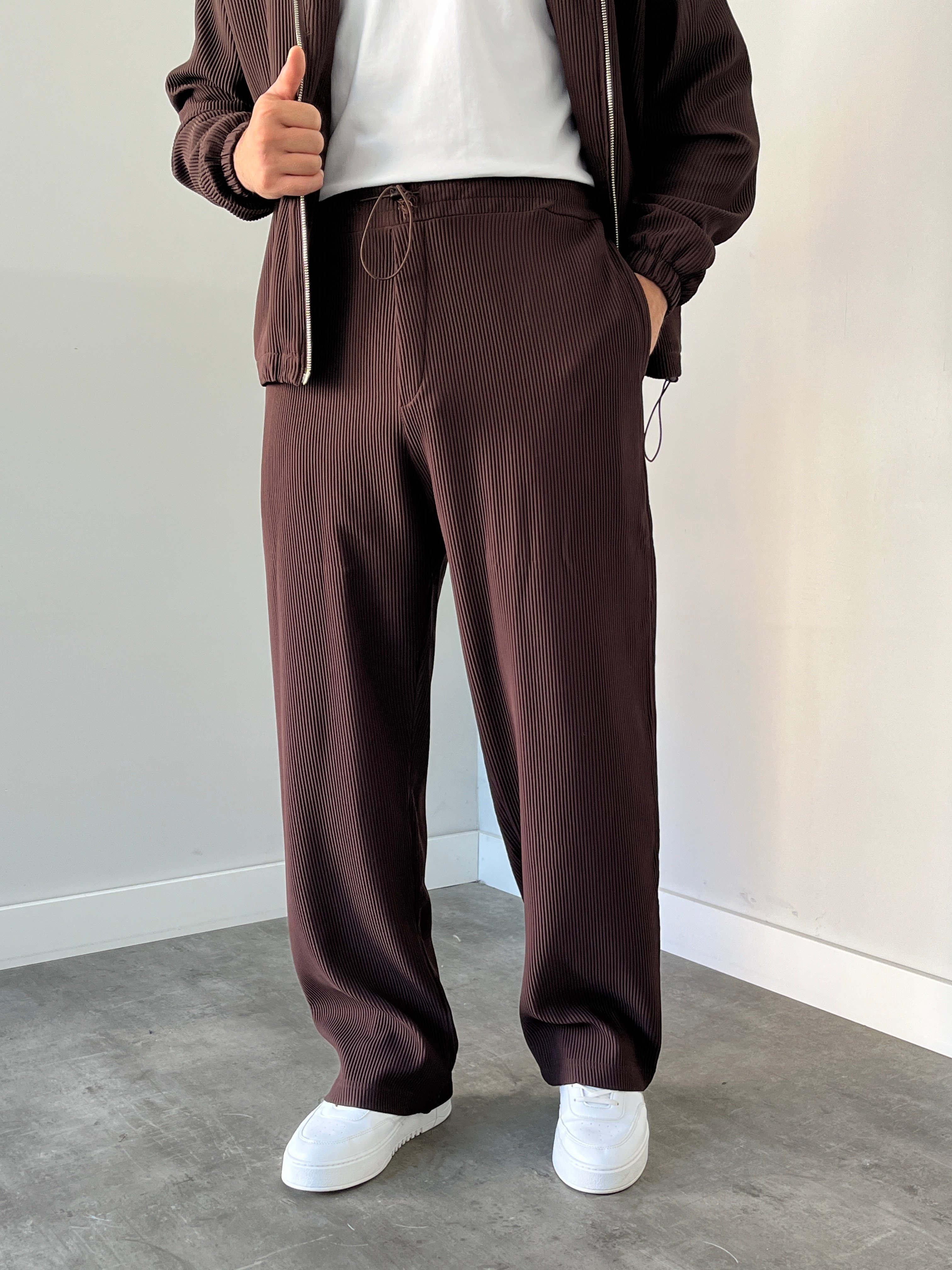 Oversize Fitilli Ceket Pantolon Kahverengi
