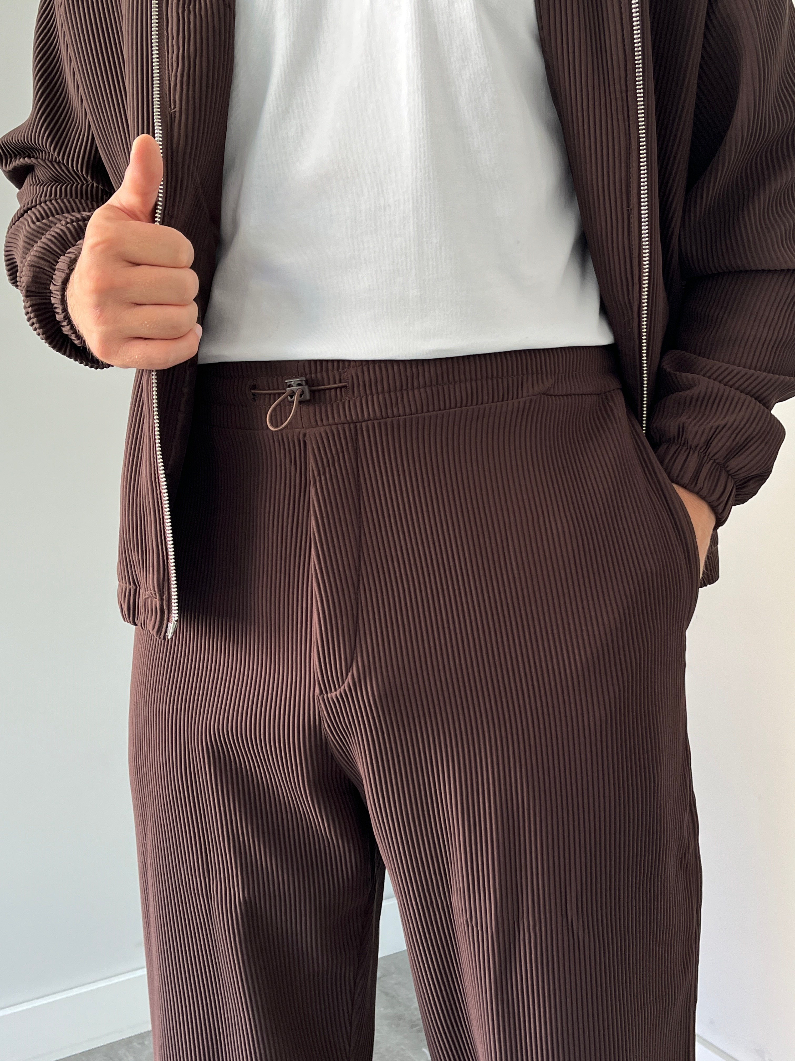 Oversize Fitilli Ceket Pantolon Kahverengi