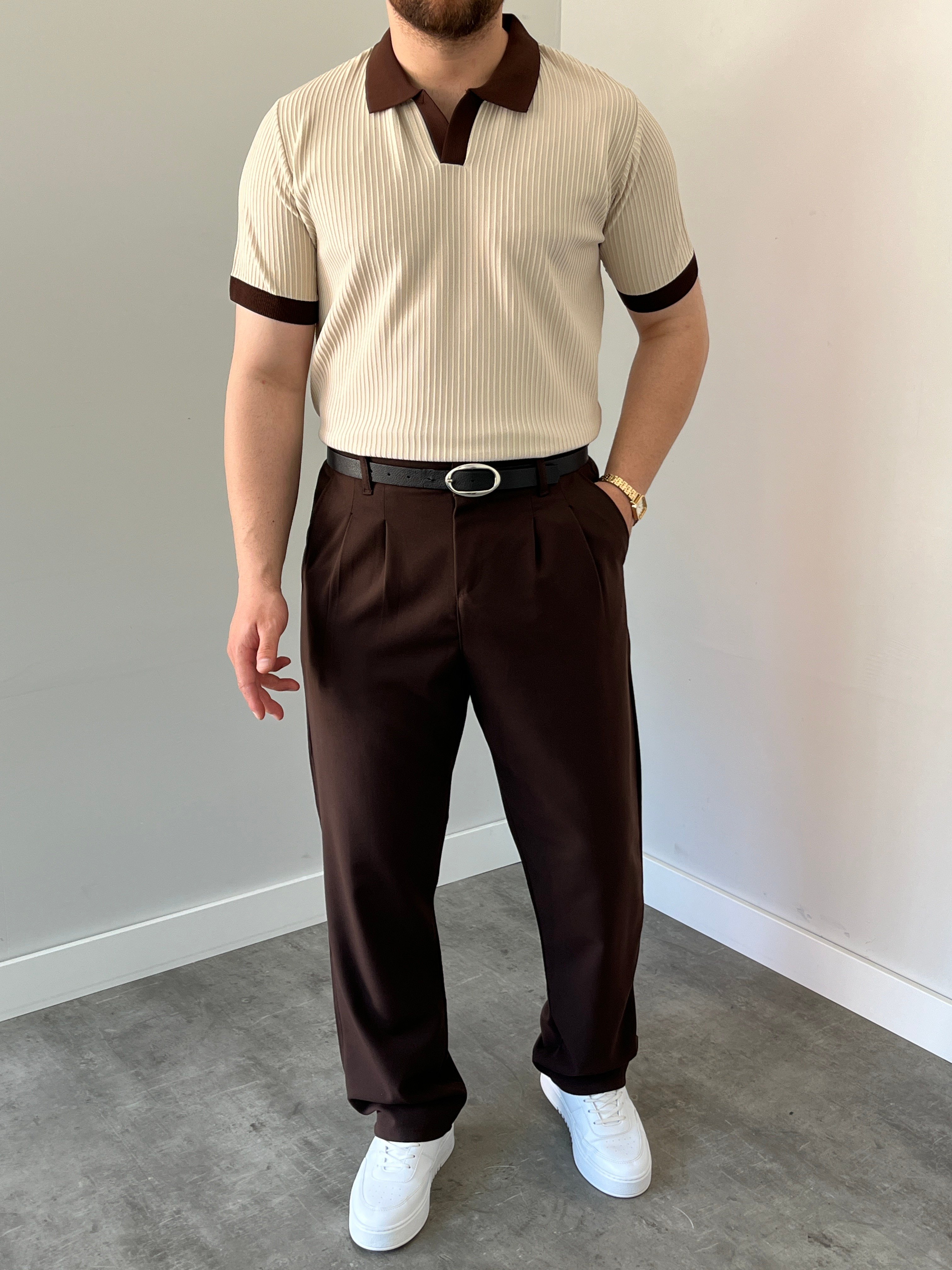 Premium Dokulu Çizgi Detay Triko Tişört Krem