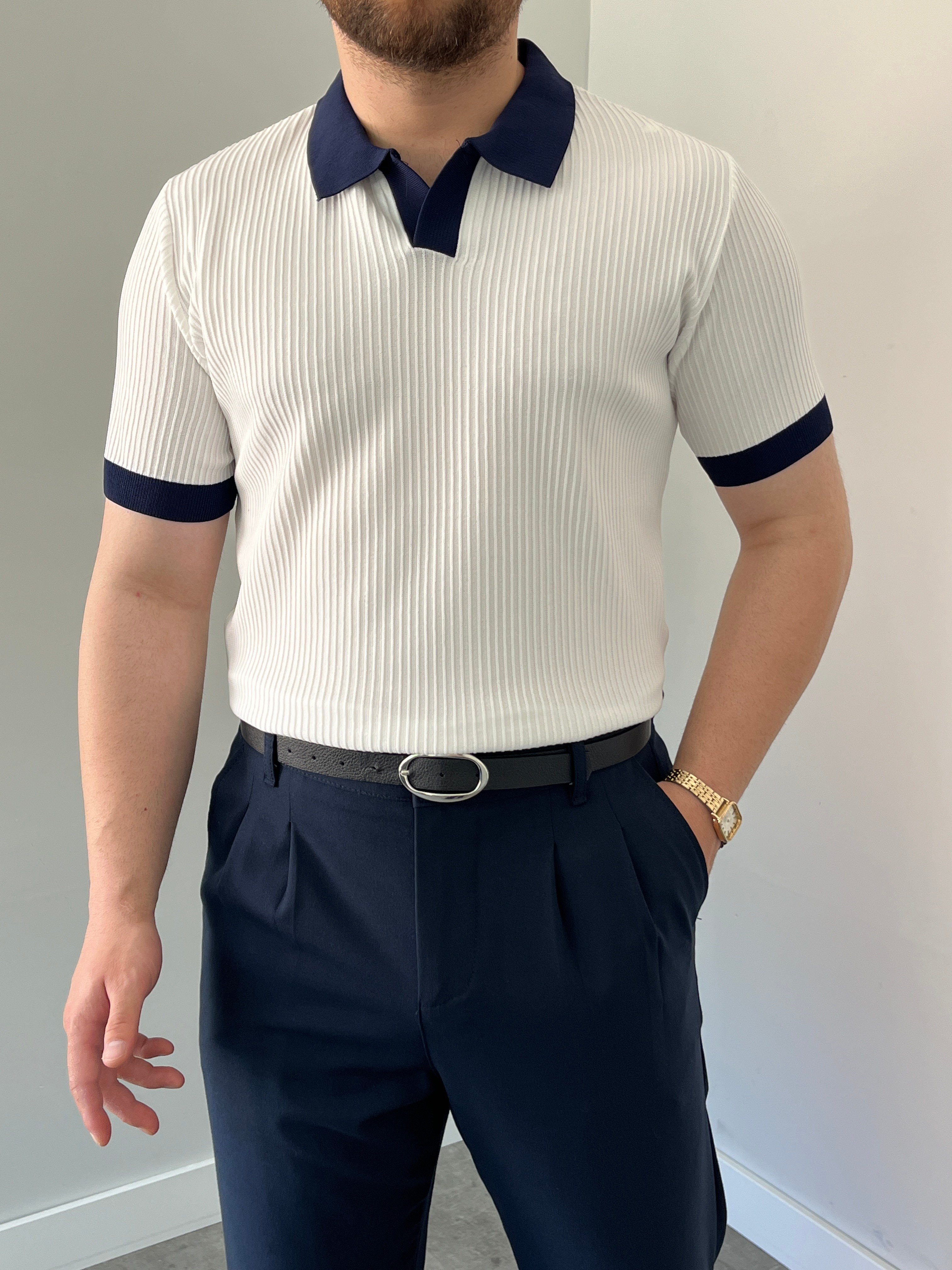 Premium Dokulu Çizgi Detay Triko Tişört Beyaz