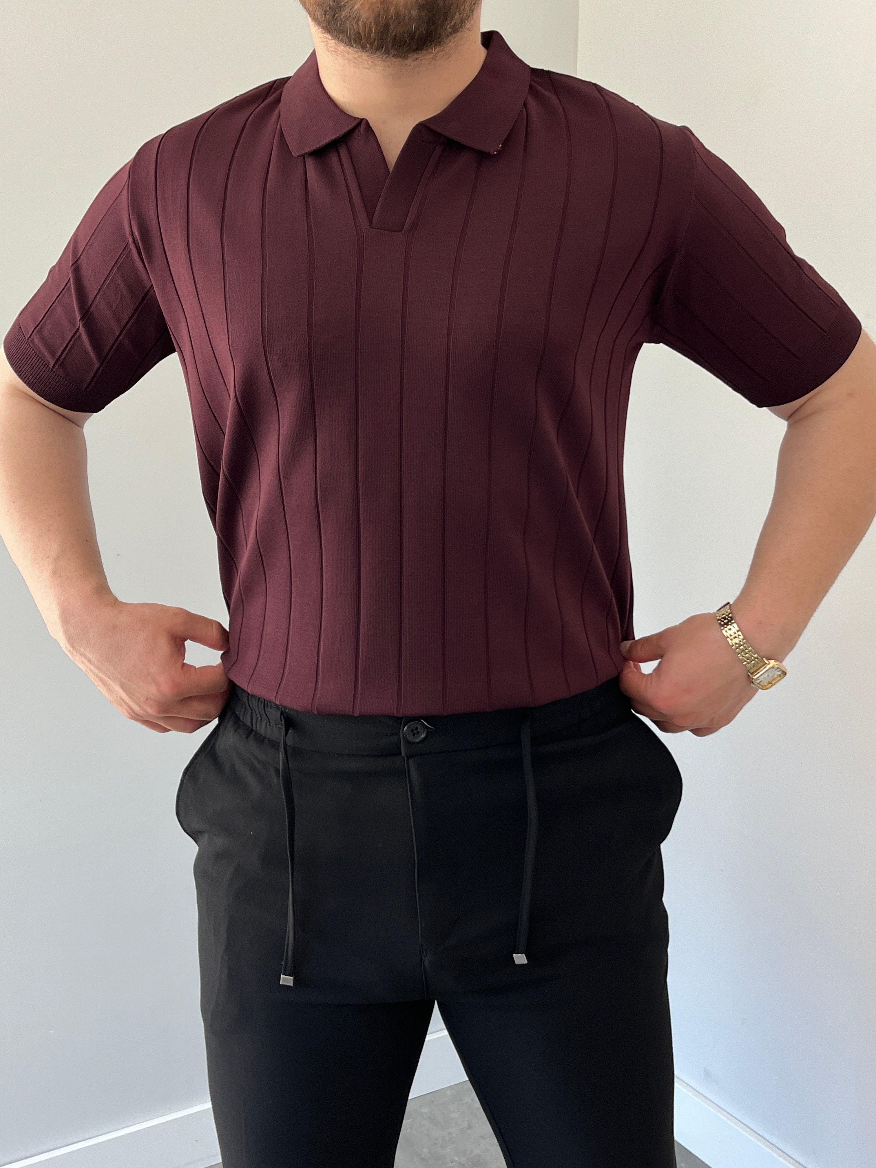 Premium Dokulu Dikey Çizgili Triko Tişört Bordo