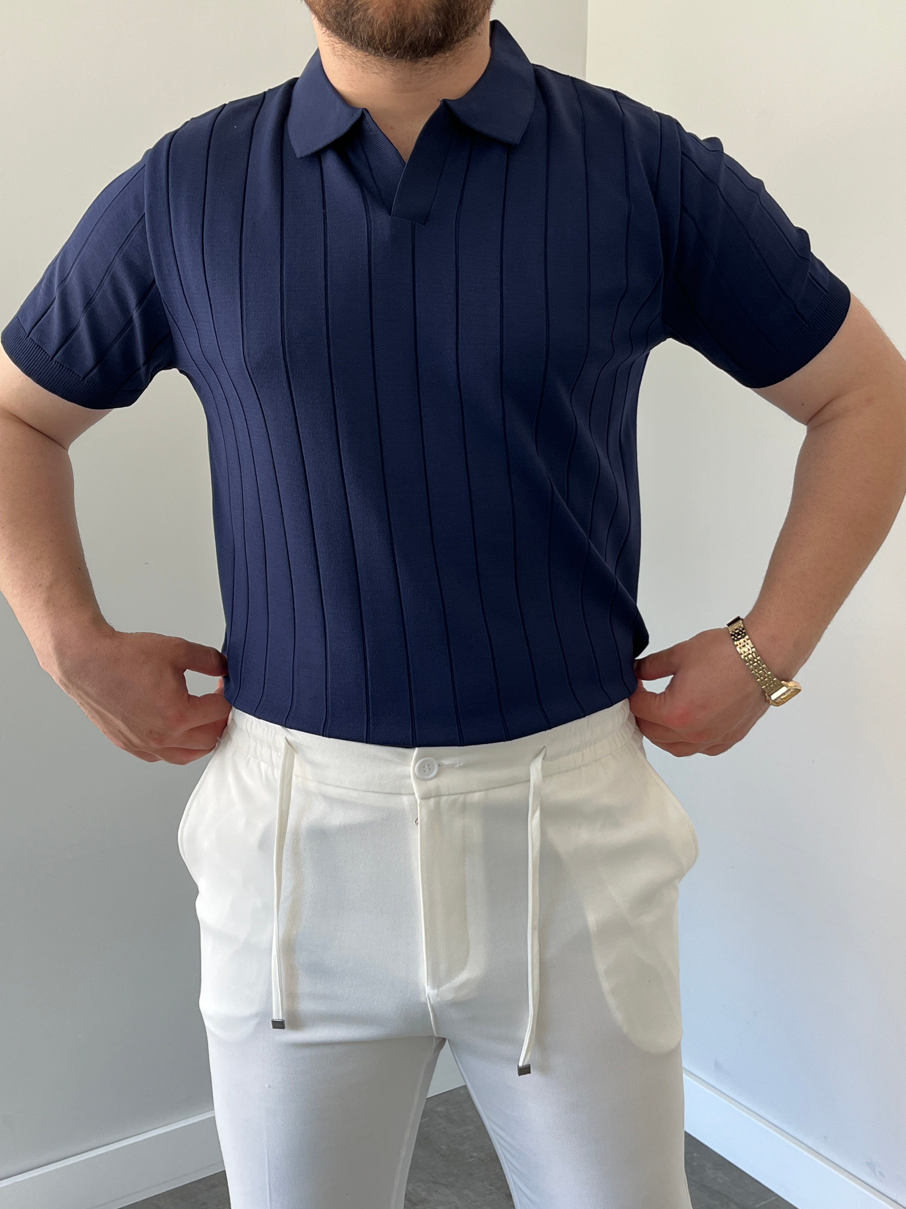Premium Dokulu Dikey Çizgili Triko Tişört Lacivert
