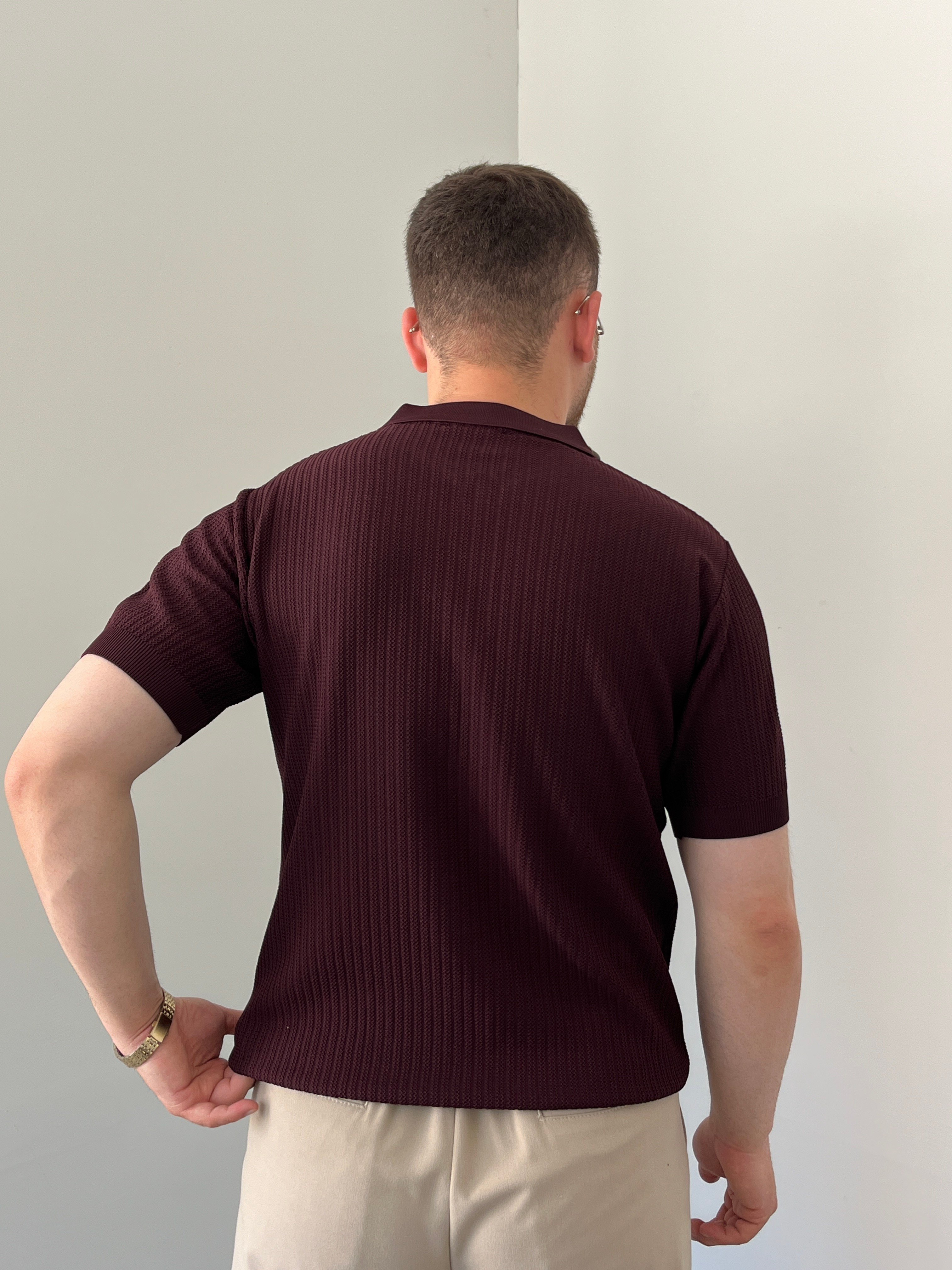 Premium Dokulu Fermuar Detay Triko Tişört Bordo 