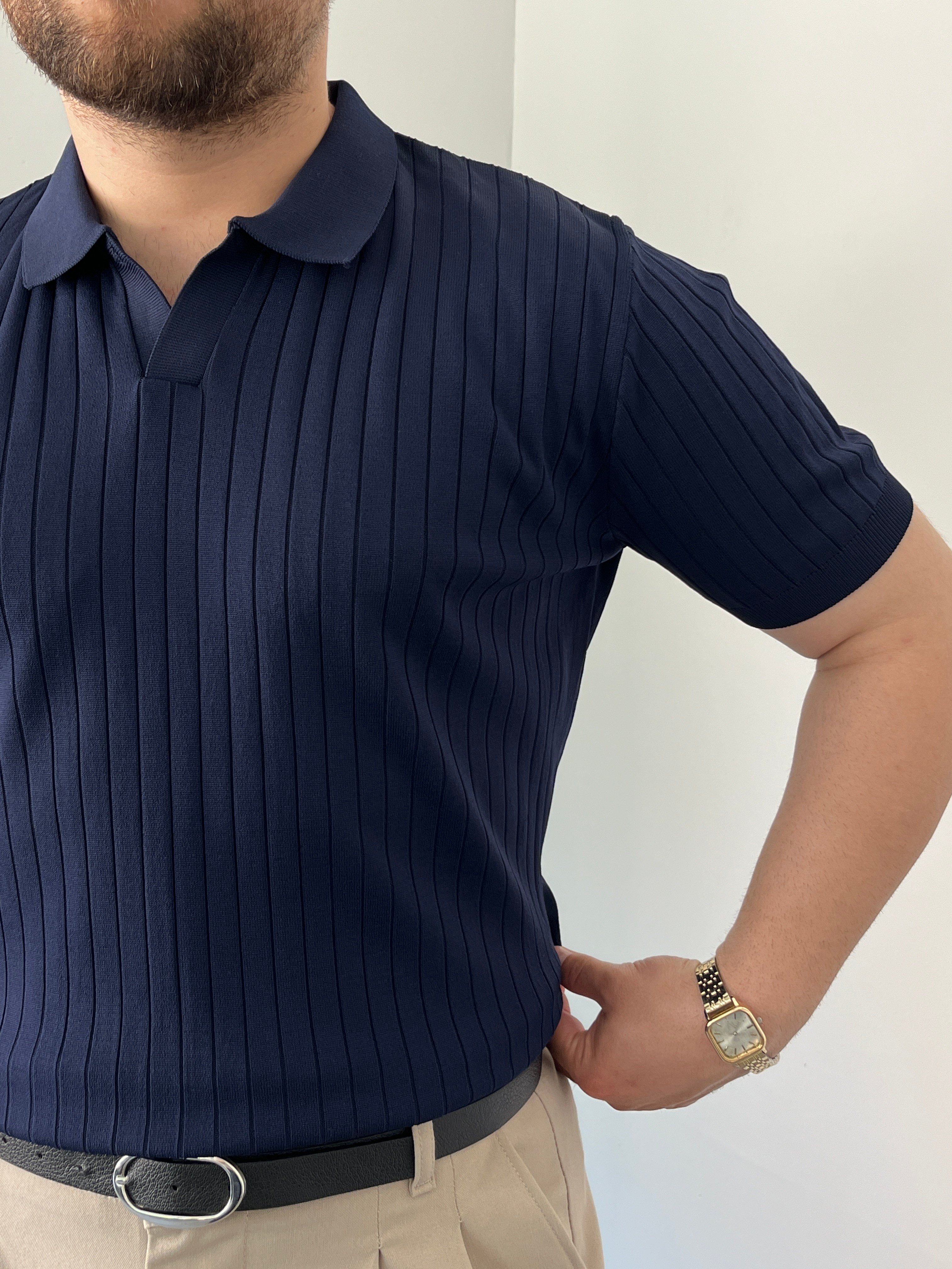 Premium Dokulu Hemşire Yaka Triko Tişört Lacivert 