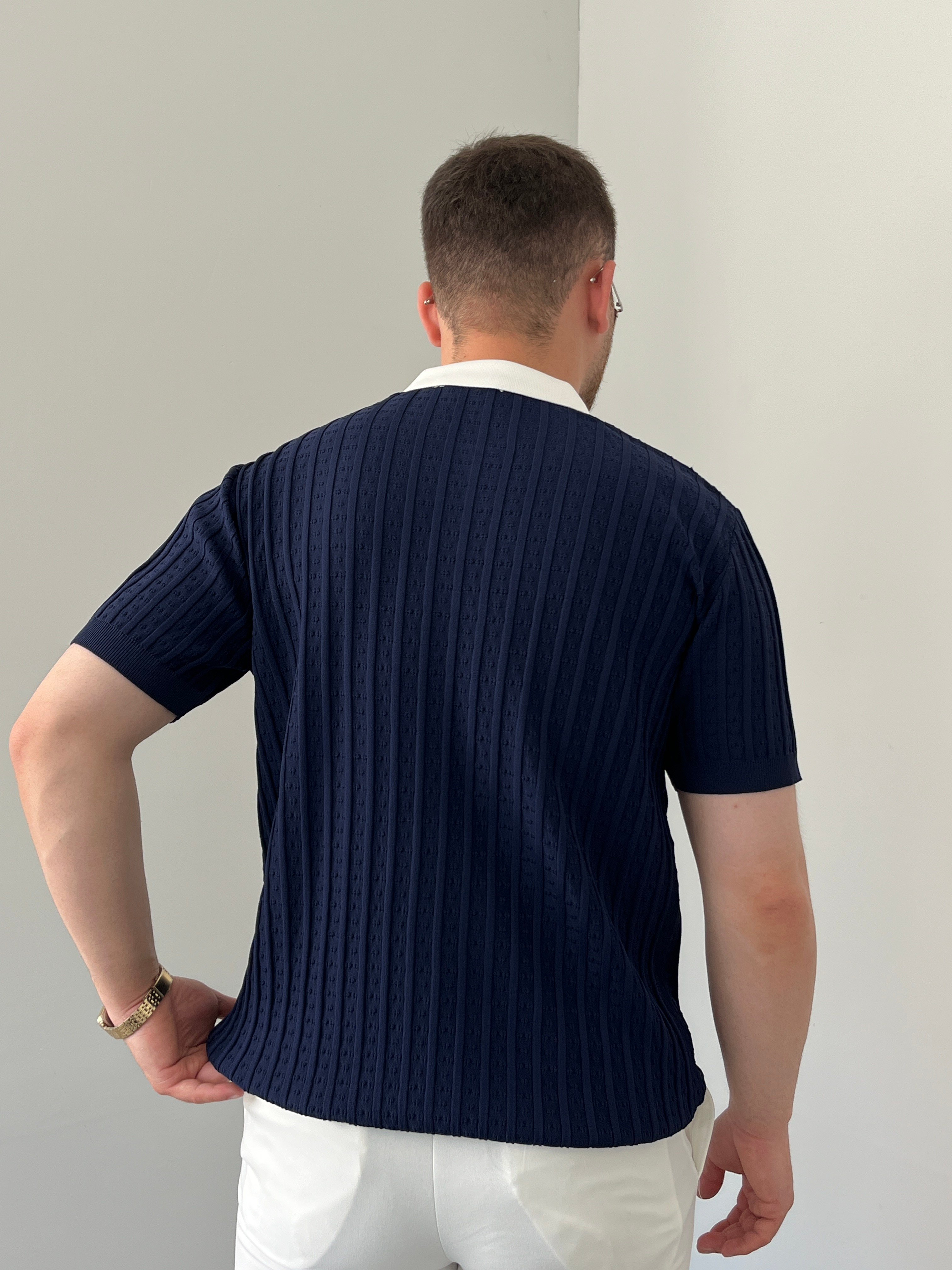 Premium Dokulu Hemşire Yaka Triko Tişört Lacivert 