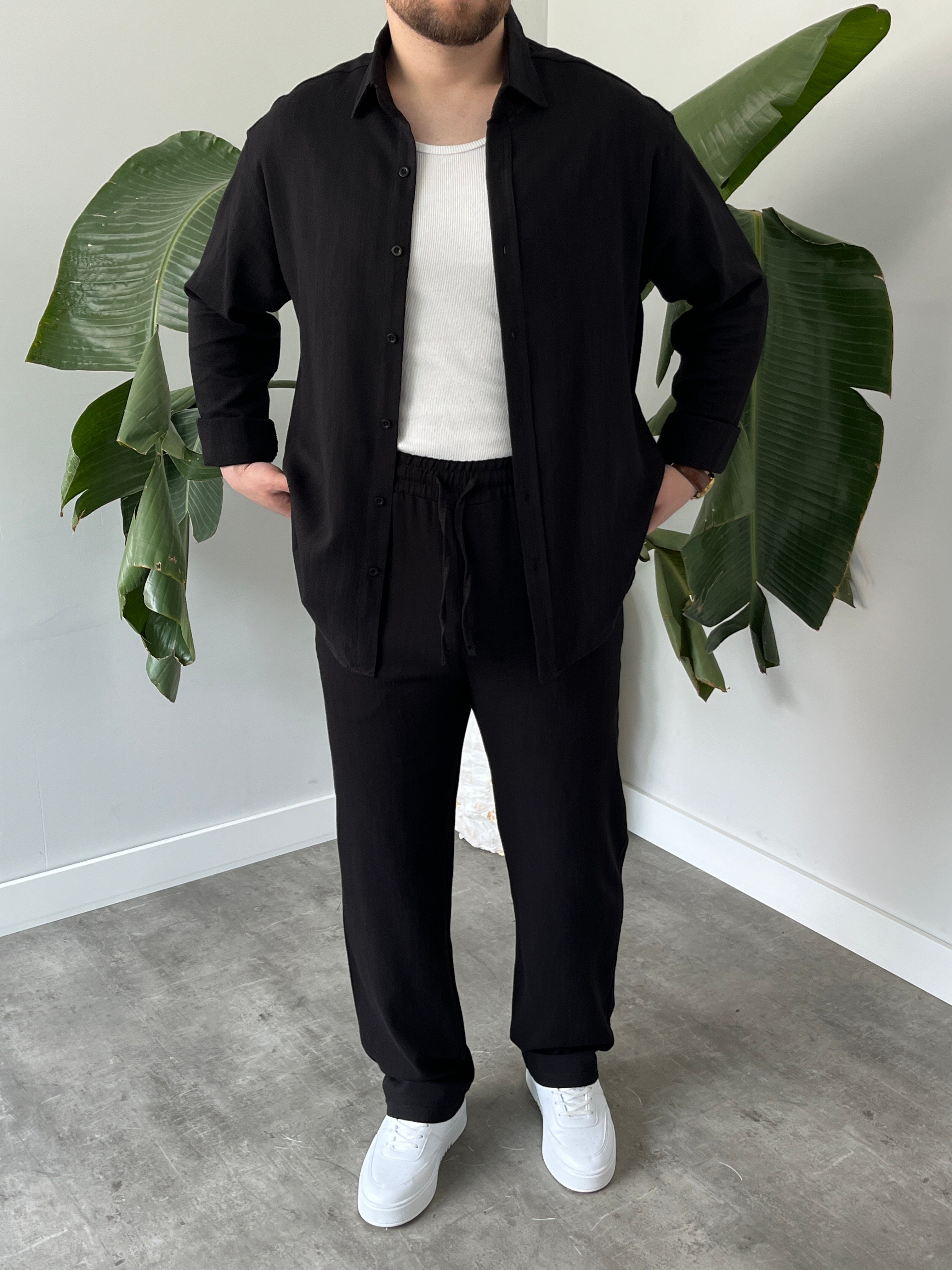Siyah Serra Keten Oversize Takım