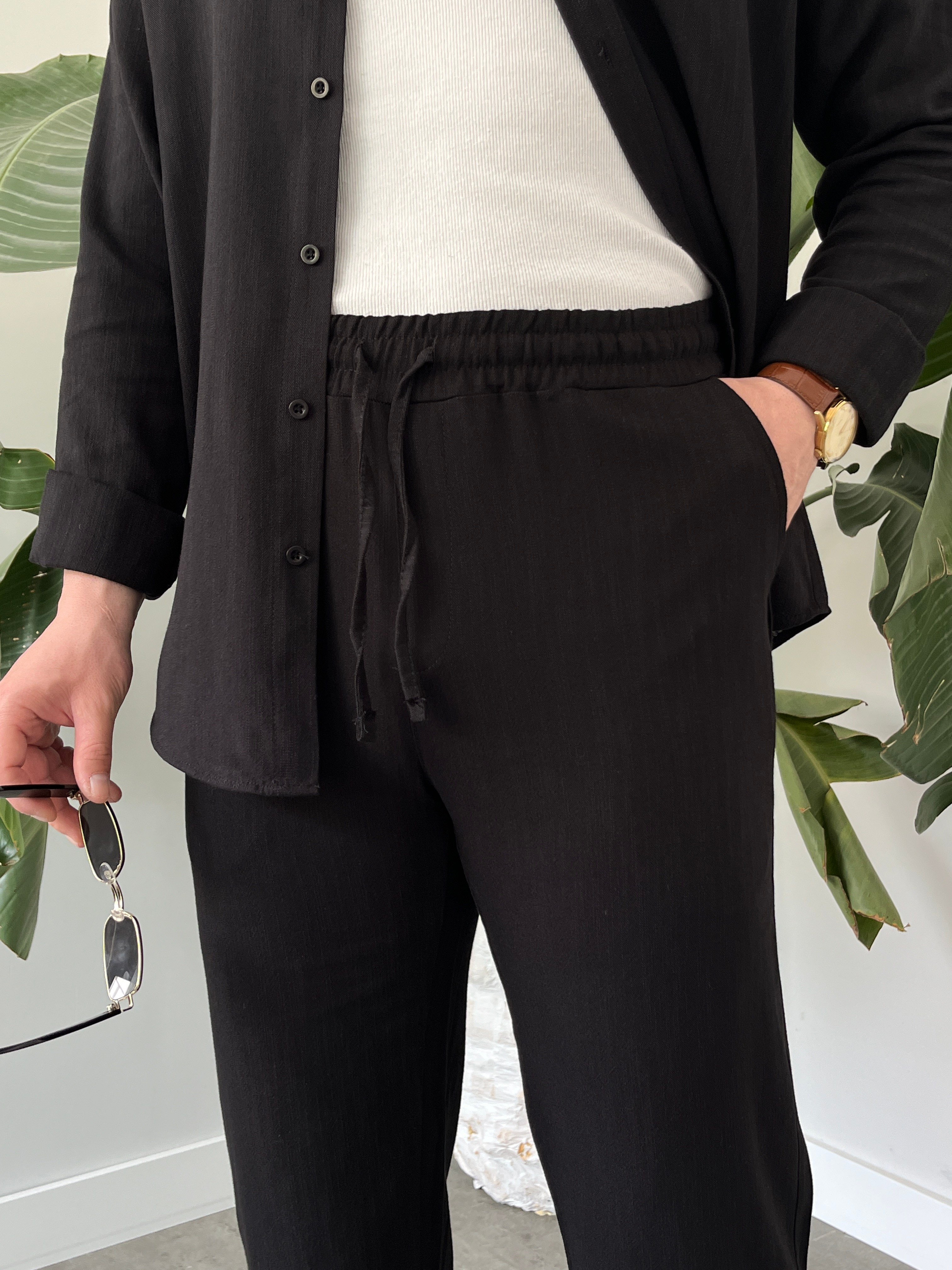 Siyah Serra Keten Oversize Takım