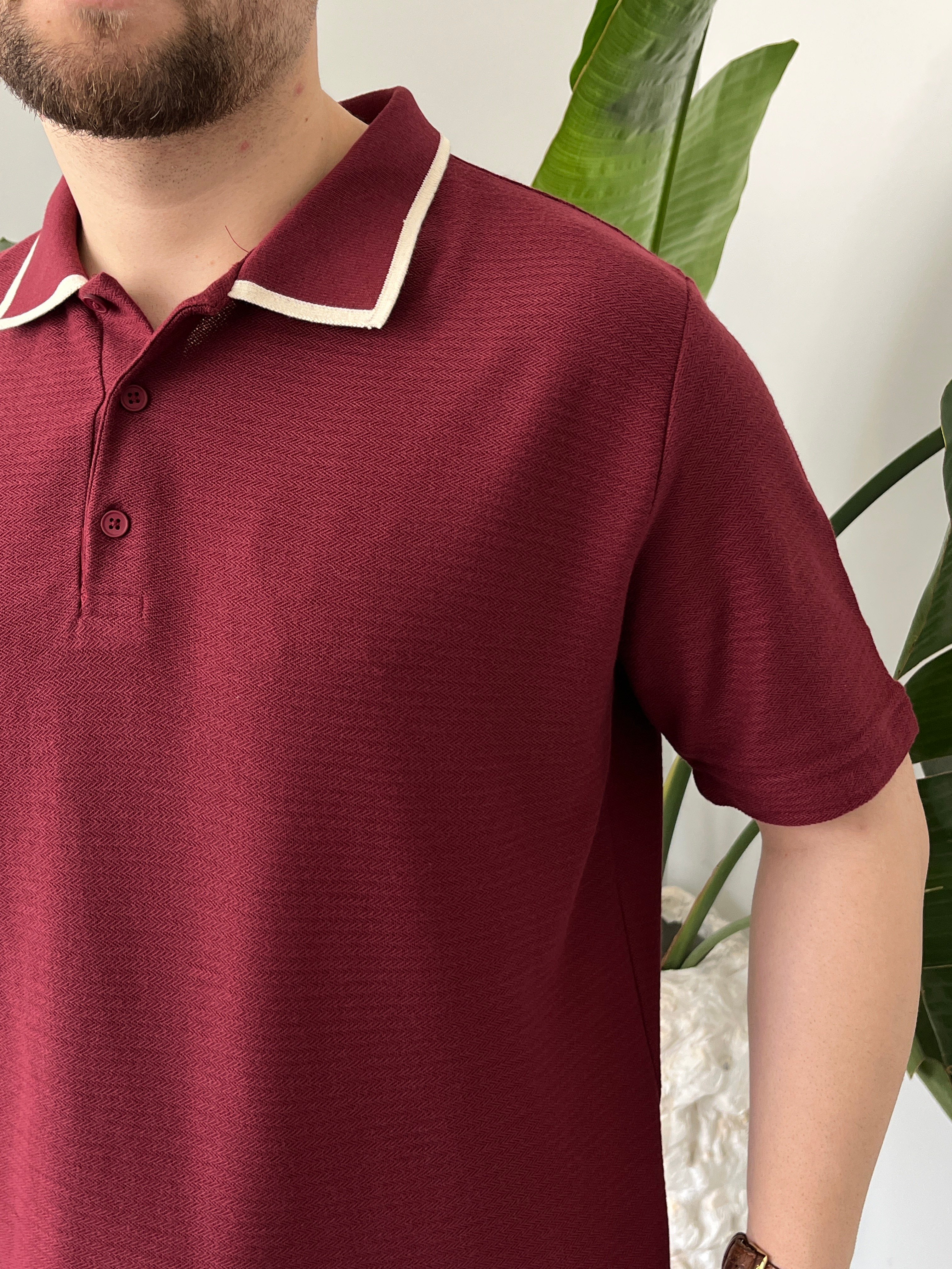 Yaka Detay Basic Bordo Tişört 