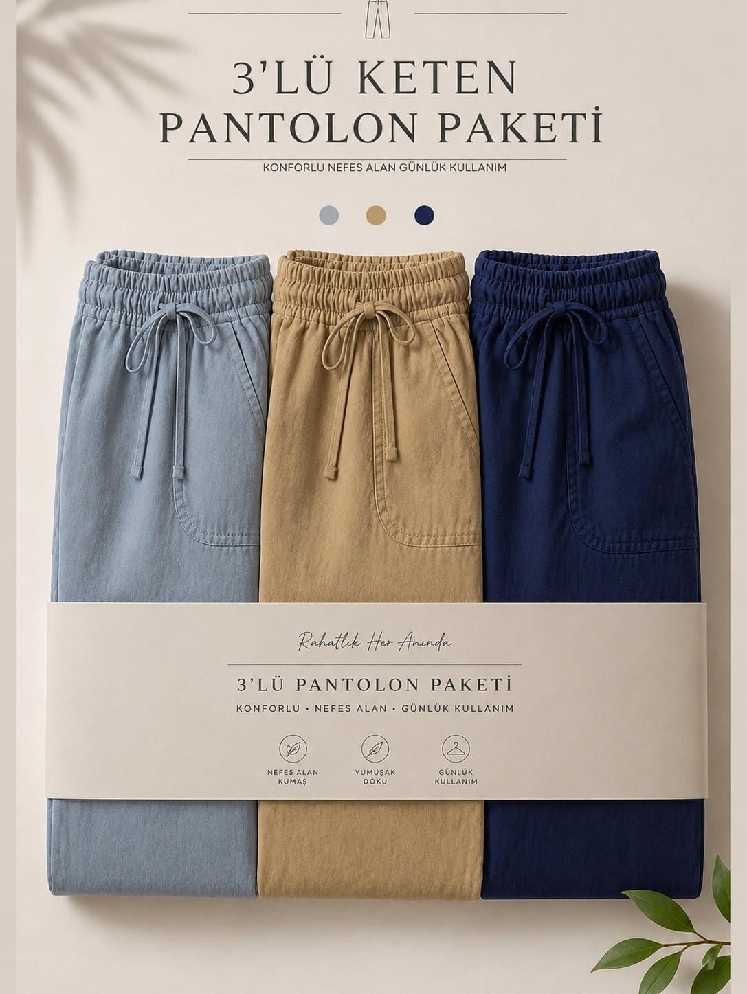 Erkek 3'lü Beli Bağcıklı Ham Keten Pantolon 