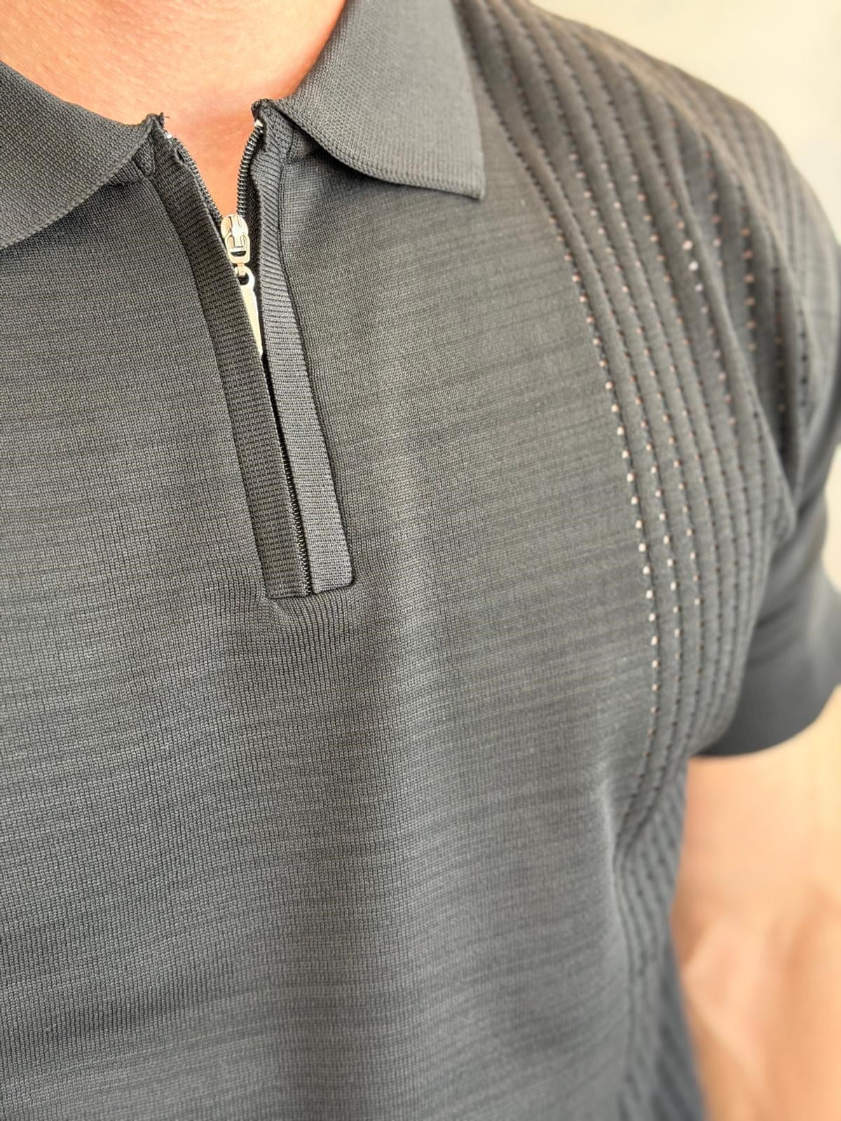 Erkek Ajur Detaylı  Regular Fit Fermuarlı Polo Yaka Tshirt Siyah Eca081