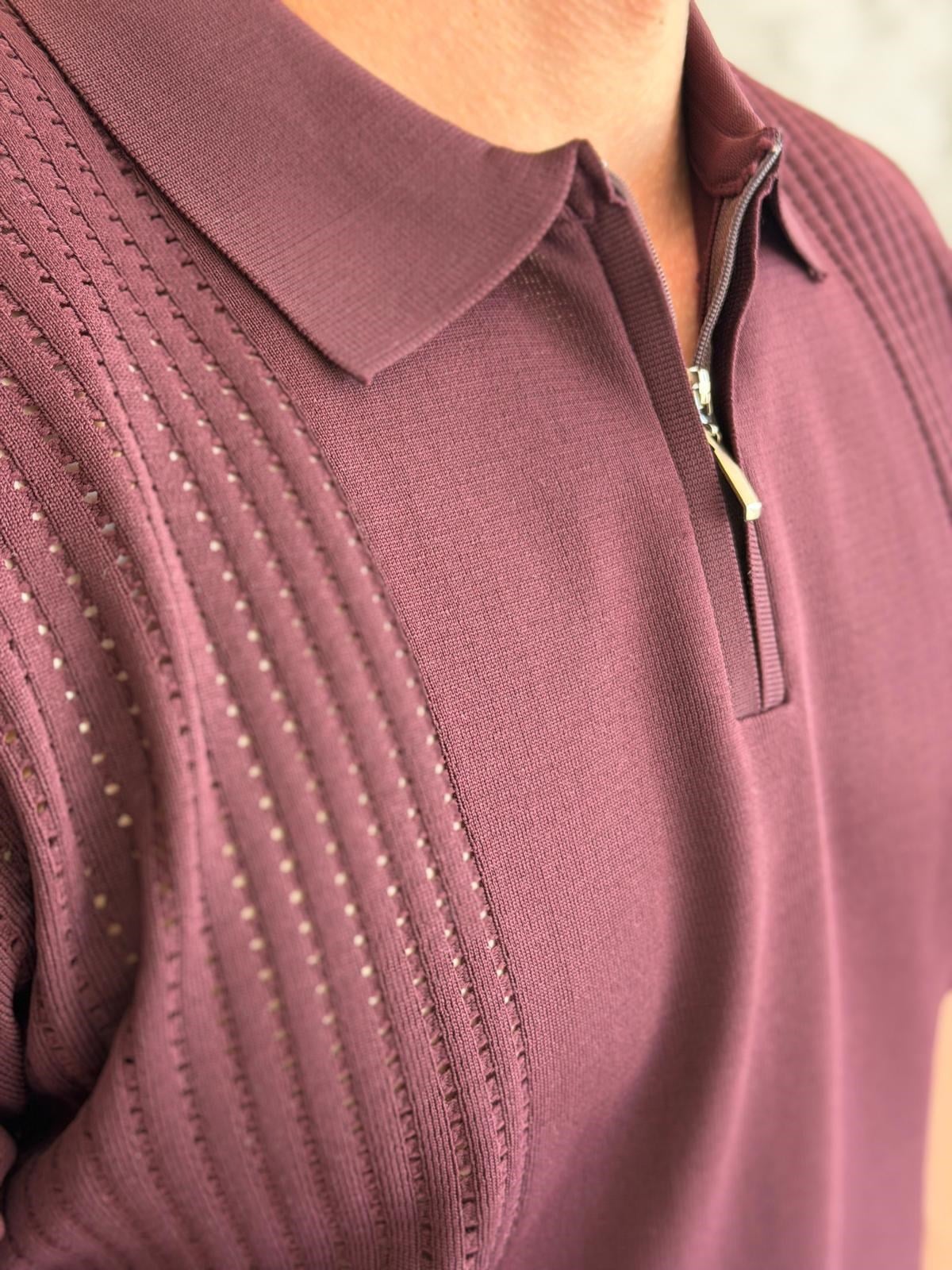Erkek Ajur Detaylı  Regular Fit Fermuarlı Polo Yaka Tshirt Bordo Eca081