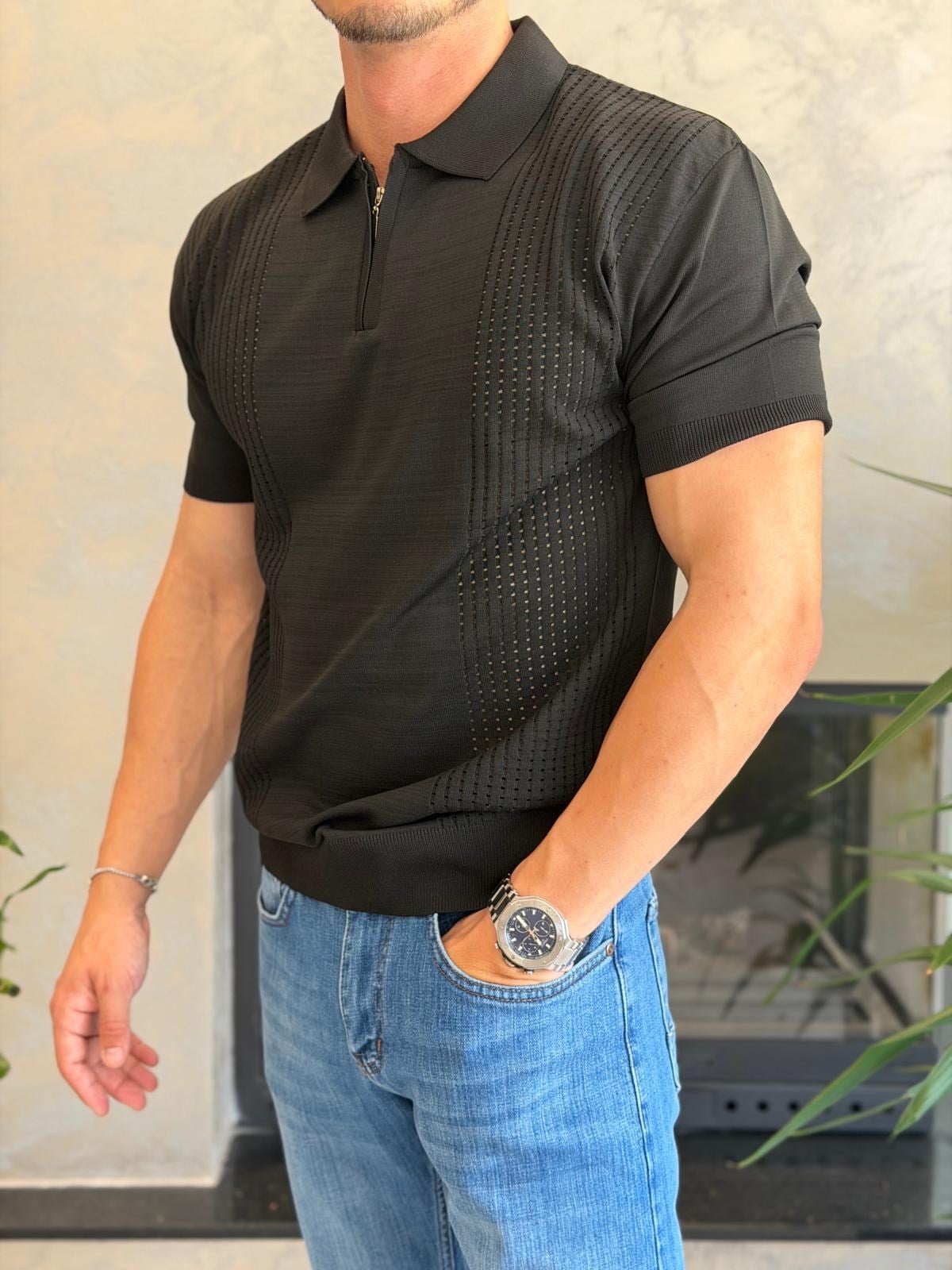 Erkek Ajur Detaylı  Regular Fit Fermuarlı Polo Yaka Tshirt Siyah Eca081