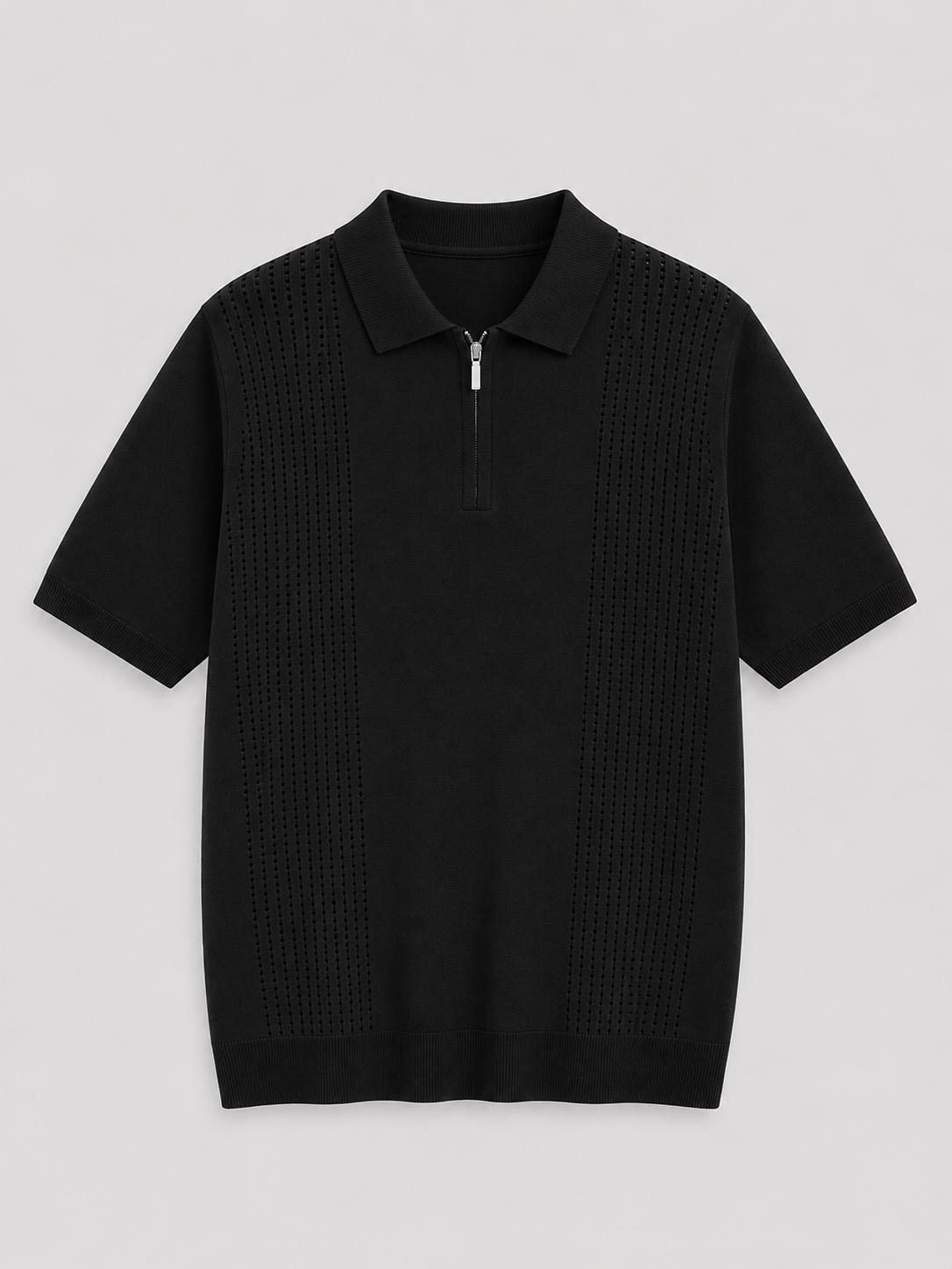 Erkek Ajur Detaylı  Regular Fit Fermuarlı Polo Yaka Tshirt Siyah Eca081