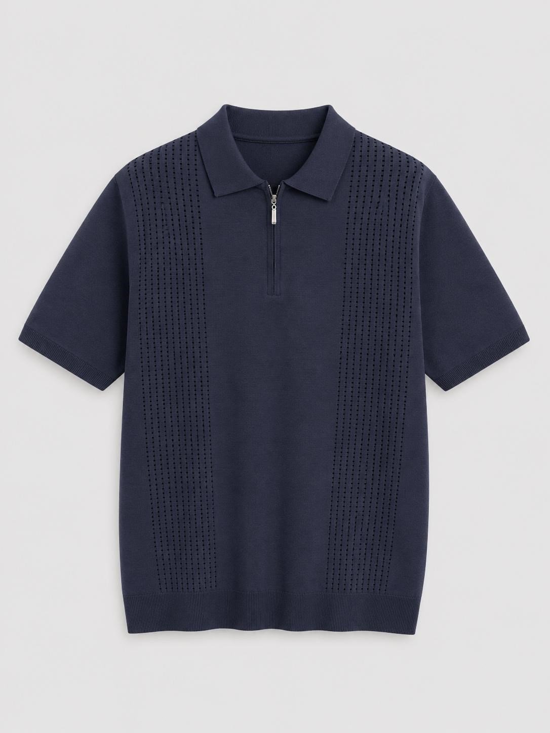 Erkek Ajur Detaylı  Regular Fit Fermuarlı Polo Yaka Tshirt Lacivert  Eca081