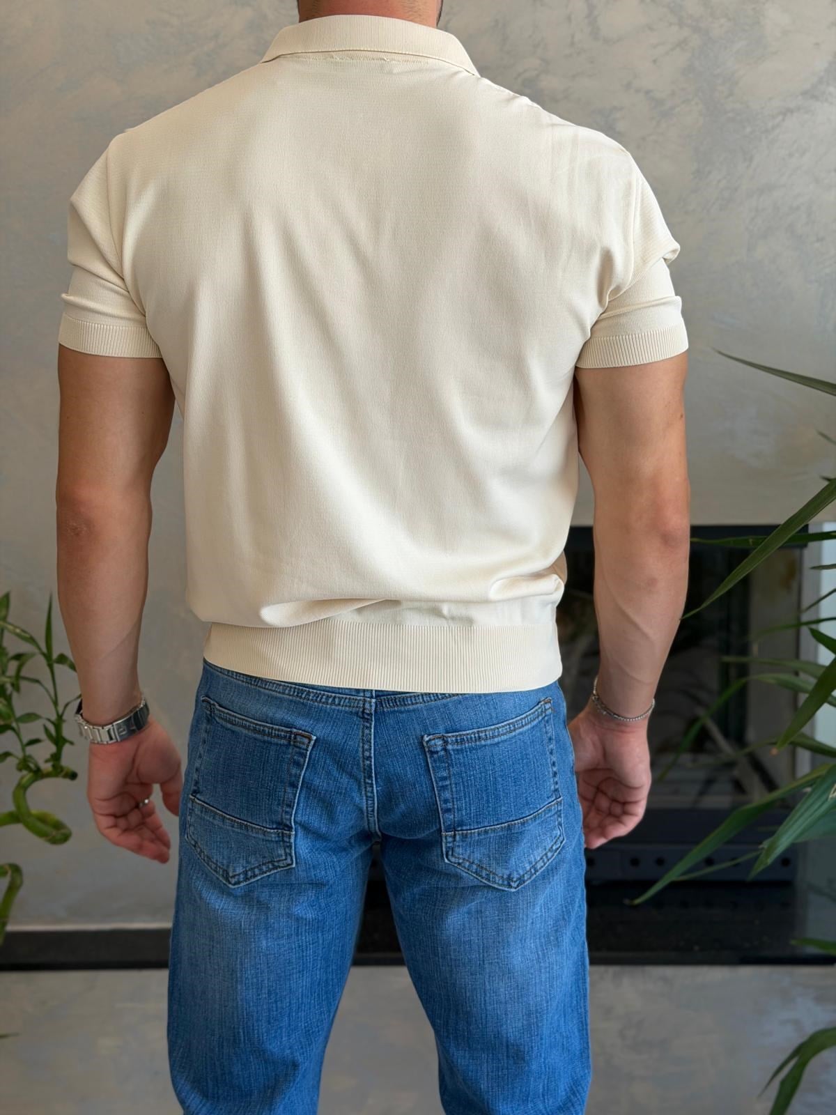 Erkek Ajur Detaylı  Regular Fit Fermuarlı Polo Yaka Tshirt Tereyağı Sarı  Eca081