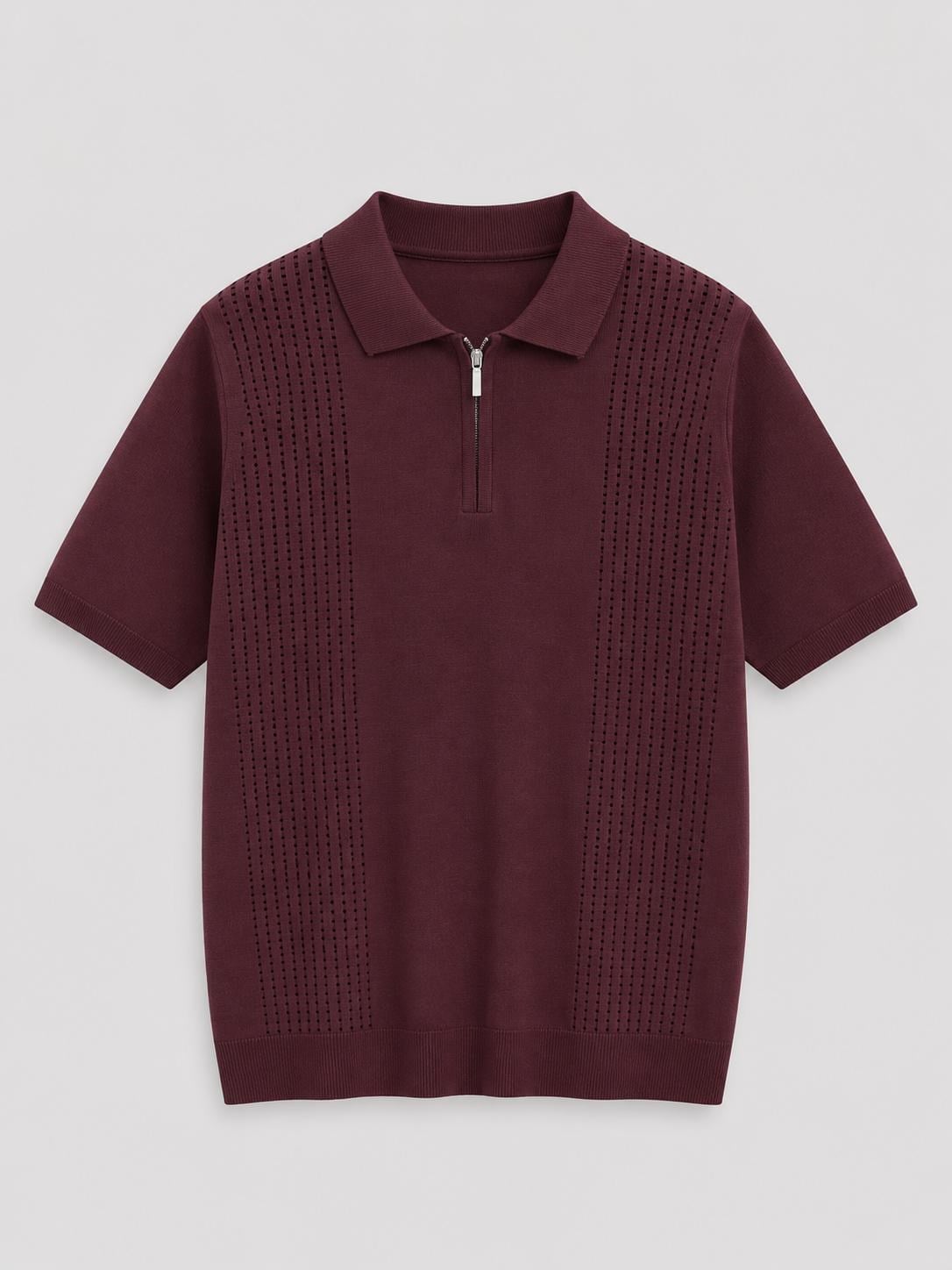 Erkek Ajur Detaylı  Regular Fit Fermuarlı Polo Yaka Tshirt Bordo Eca081