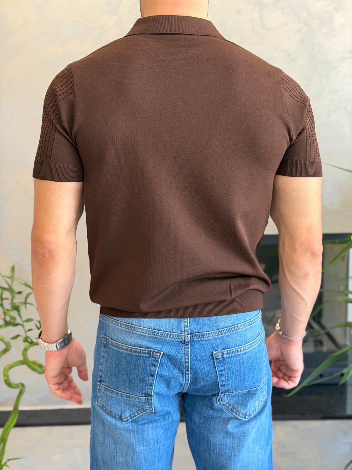 Erkek Ajur Detaylı  Regular Fit Fermuarlı Polo Yaka Tshirt Acı Kahve  Eca081