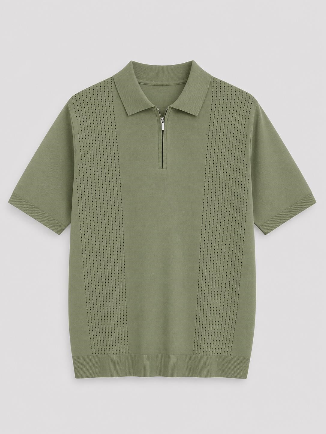 Erkek Ajur Detaylı  Regular Fit Fermuarlı Polo Yaka Tshirt Haki Eca081